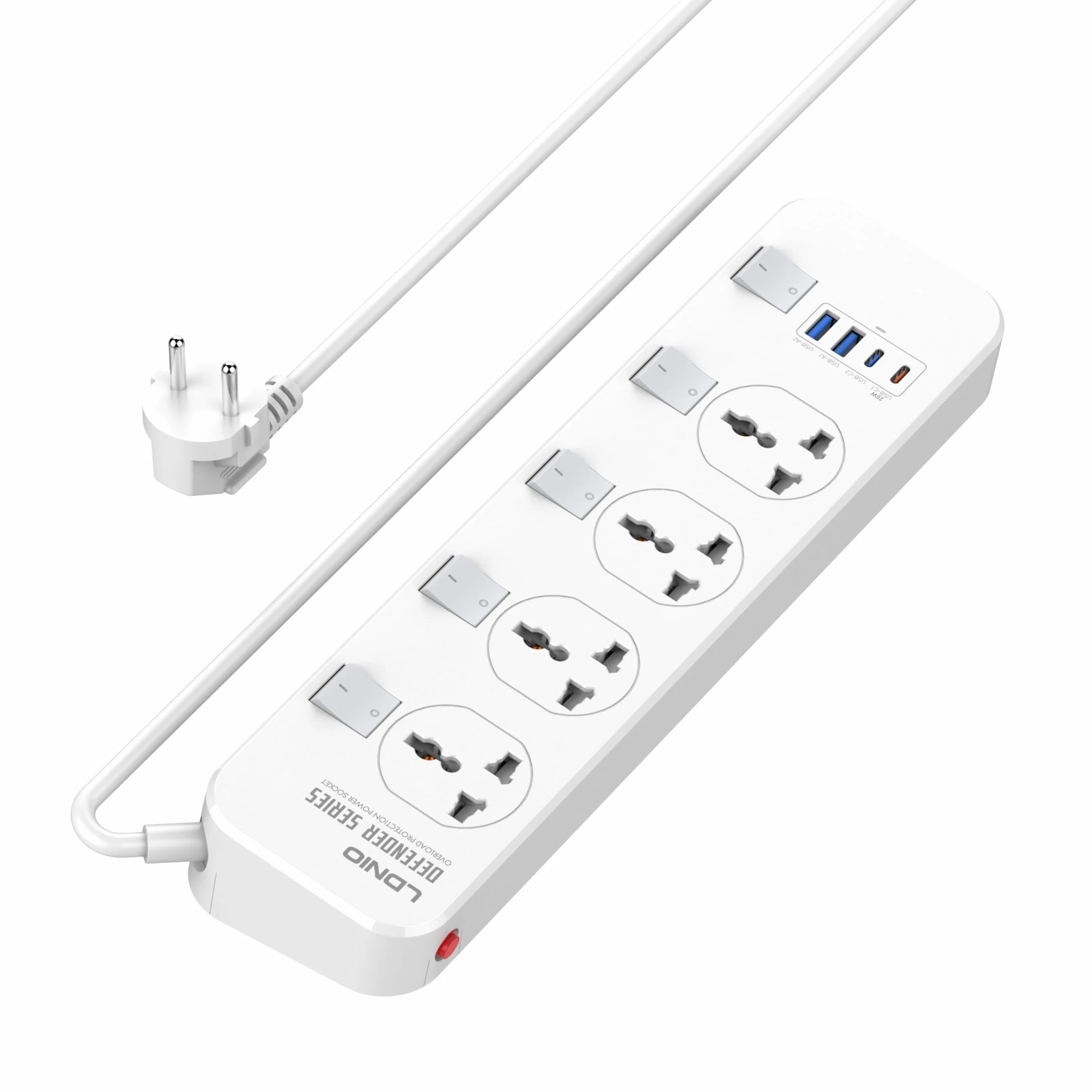 LELYFIT Listwa Zasilająca,4 Uniwersalne Gniazda, Zabezpieczenie przed przeciążeniem, 2 x USB-A,1x Type-C,1 x 20W USB-C PD (5V 3A 20W), Niezależny Wyłącznik Bezpieczeństwa, Kabel Sieciowy 2m