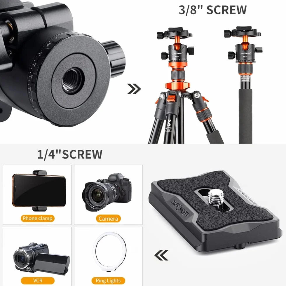 K&F Concept głowica kulowa aluminiowa 3/8" głowica kulowa 360° obrotowy adapter z szybkoobrotową płytą śrubową 1/4" do statywu i kamery Max 10kg