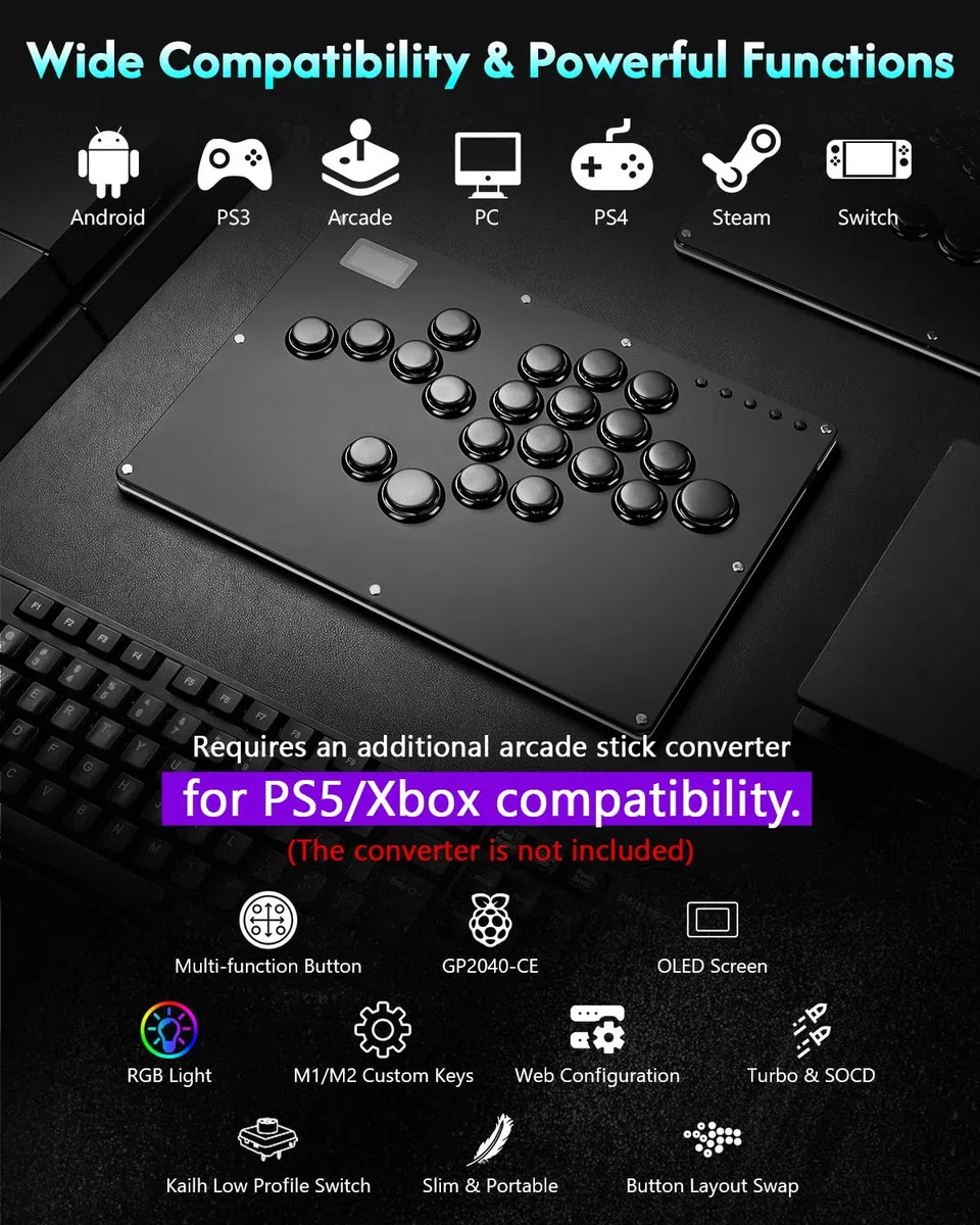 GuileKeys Arcade Fight Stick GK-21, All-Button Gamerfinger z niestandardowymi funkcjami RGB i Turbo, kontroler zręcznościowy do PC/PS4/PS3/Switch/Steam Game Keyboard Support Hot Swap & SOCD