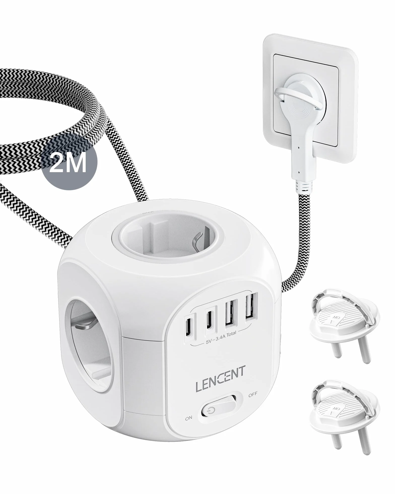 LENCENT Listwa Zasilająca Płaską Wtyczką z 4 Gniazd, Wielokrotna Wtyczka z 2 Metry Kablem w Oplocie, Przedłużacz z 3 Gniazdami USB-A+1Typ-C, 8 w 1 Listwa Zasilająca z Przełącznikiem Gniazdka, Biały