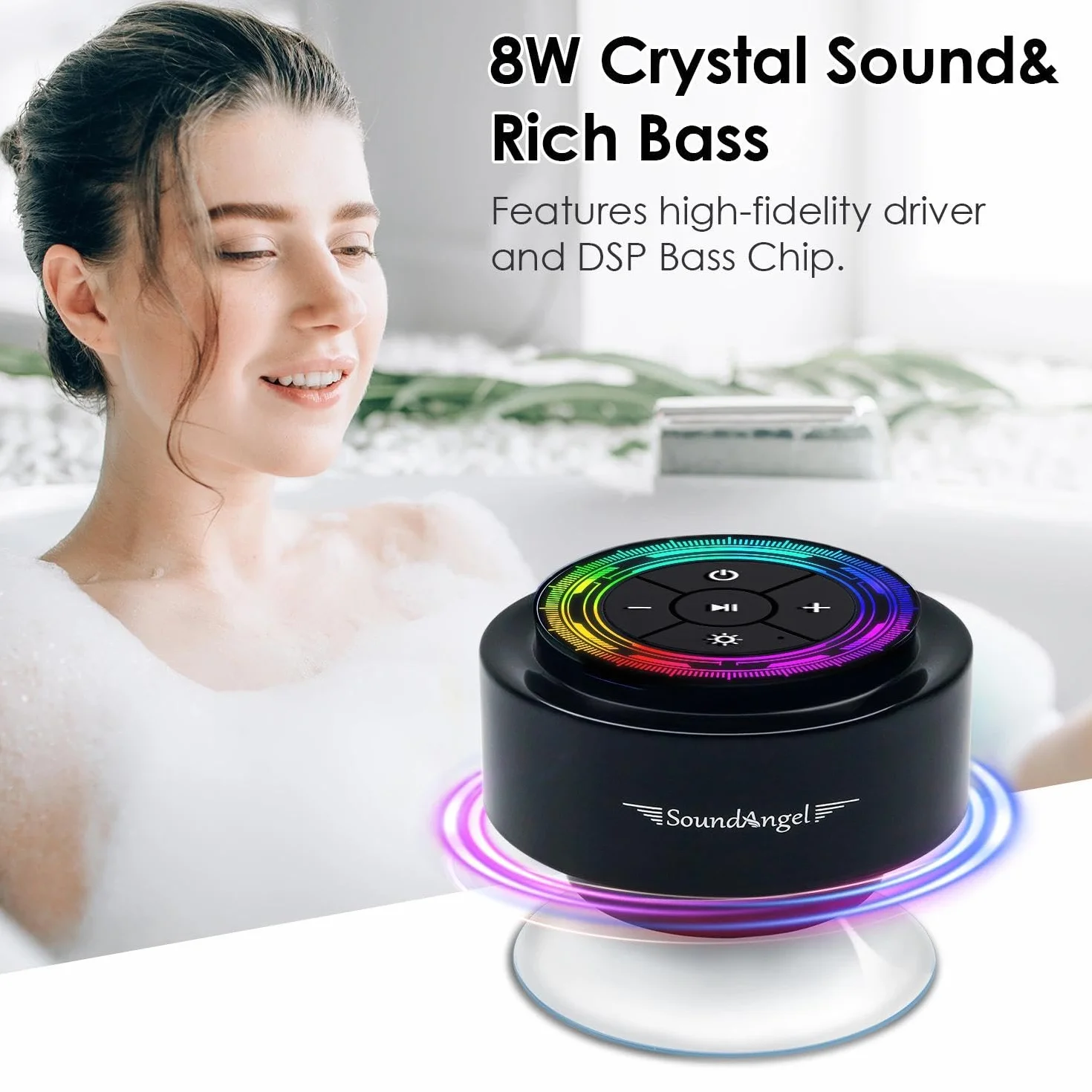 XLEADER, SoundAngel Mate Pro głośnik prysznicowy (ulepszony) certyfikowany wodoodporny głośnik Bluetooth IPX7, Big Pro Sound i głęboki bas, ze światłami RGB, przyssawką, silikonową smyczą, czas