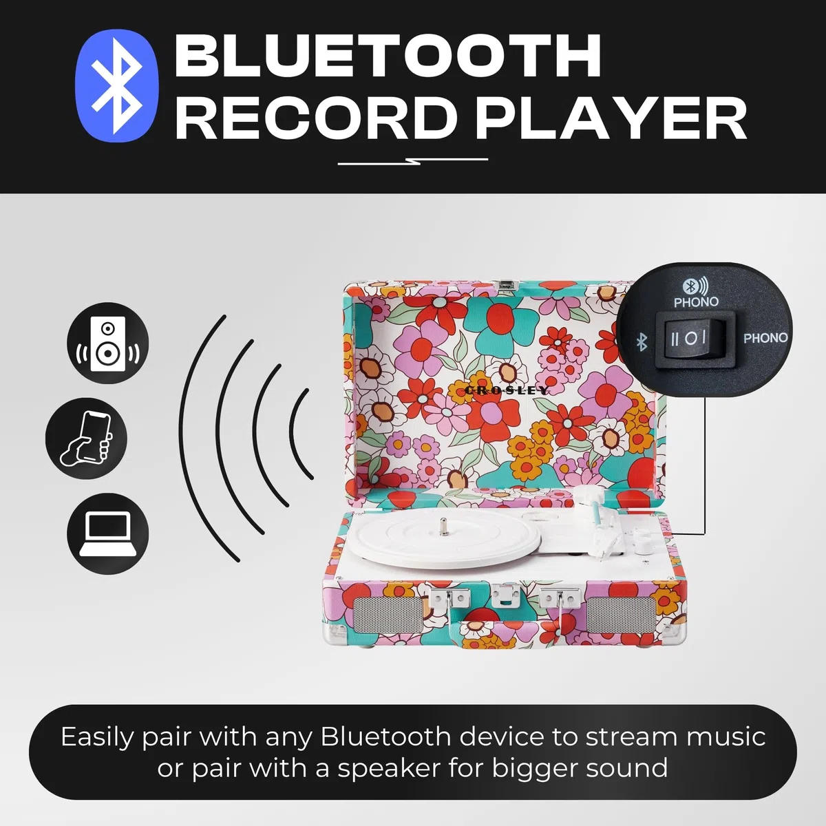 Crosley Cruiser Plus Gramofon z 2 głośnikami, Bluetooth In & Out i Aux 3 Speed Retro gramofon – do winylu 7", 10" i 12", przenośny, z wbudowaną walizką, Groovy Flowy