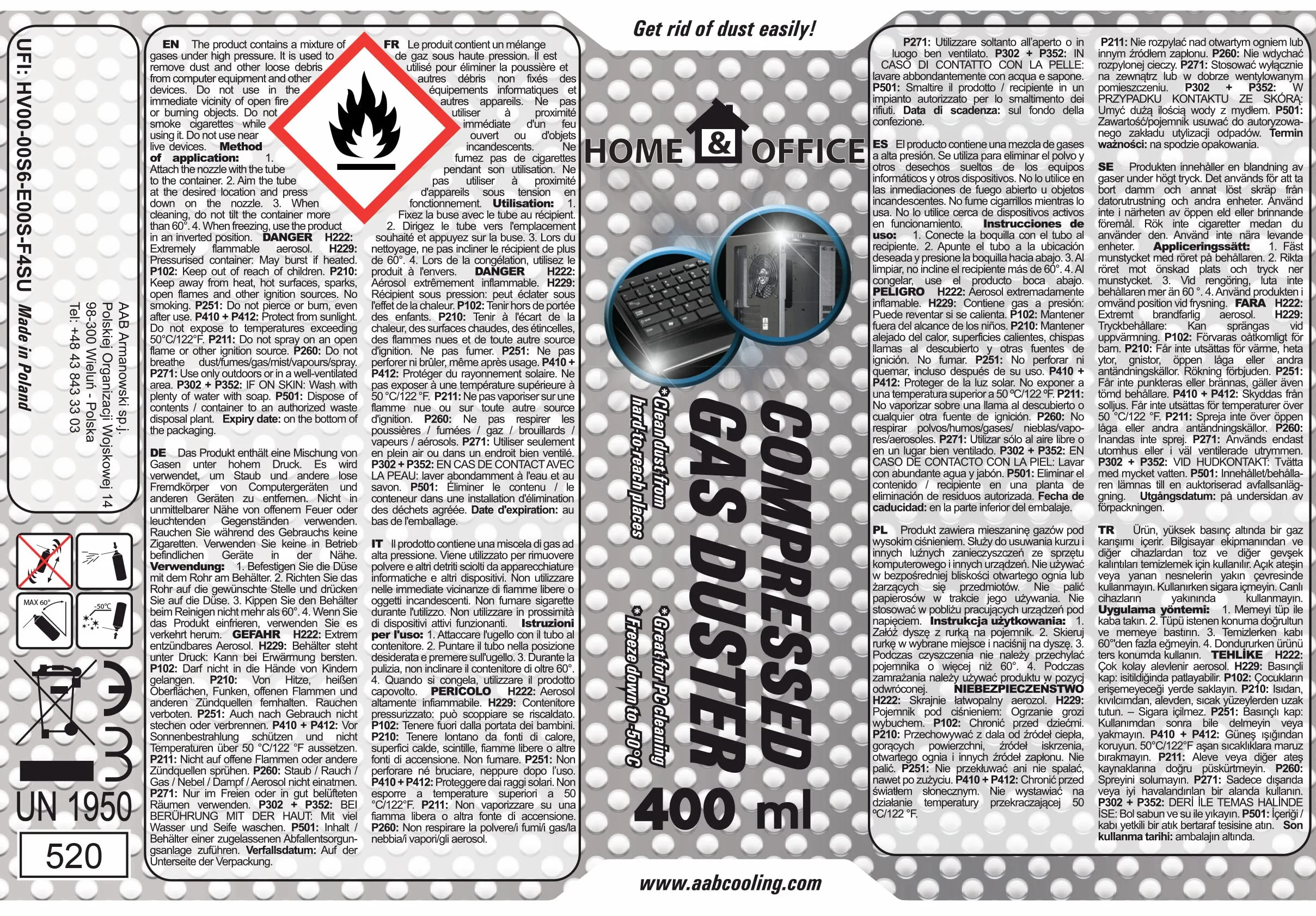 AABCOOLING (6x400 ml) Home&Office Compressed Gas Duster - Aerozol Czyszczący, Sprężone Powietrze, Puszka, Spray do Odkurzania Komputera, Klawiatury, Laptopa, Sprzętu Biurowego, PC