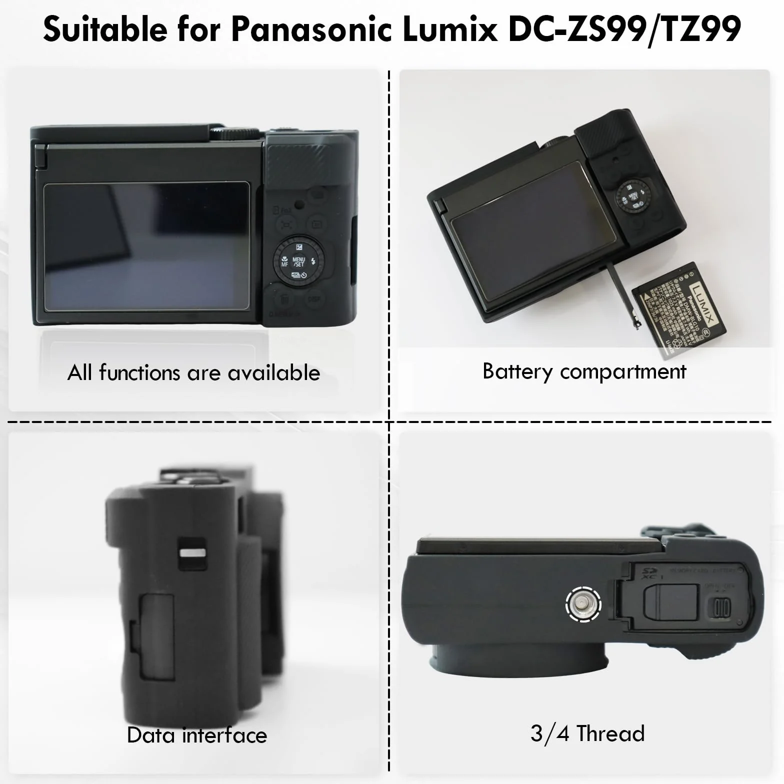 Rieibi TZ99 Etui na aparat, miękkie silikonowe etui ochronne na aparat Panasonic Lumix DC-TZ99, akcesoria z 2 szt. ochraniaczy ekranu, lekkie - czarne
