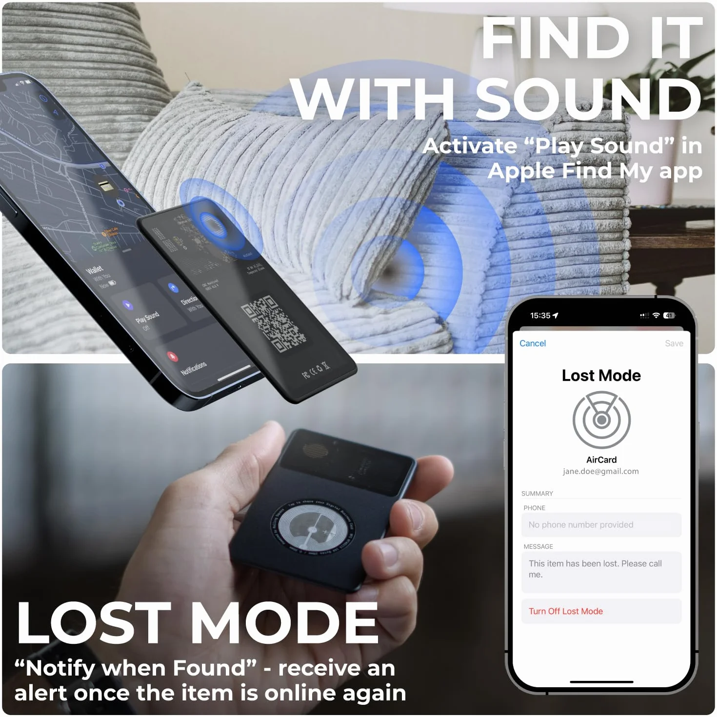 Rolling Square Aircard – lokalizator przedmiotów z funkcją śledzenia Bluetooth, znacznik NFC + karta biznesowa z kodem QR, kompatybilna z Apple Find My, lokalizator portfeli, bagaży, plecaków