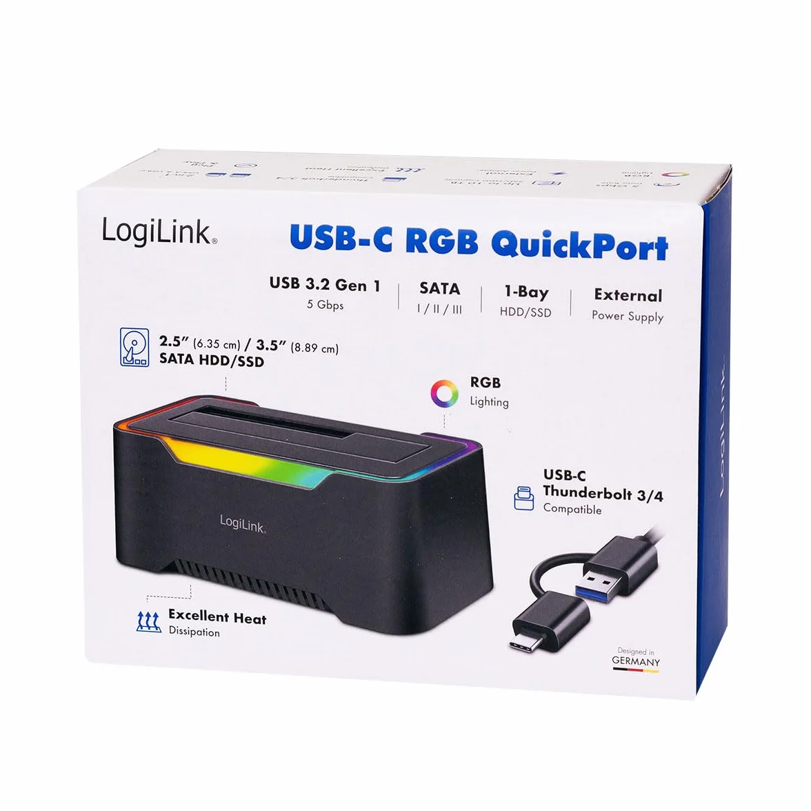 LogiLink USB-C 3.2 Gen1 stacja dokująca do 2,5" i 3,5" SATA HDD/SSD RGB Thunderbolt