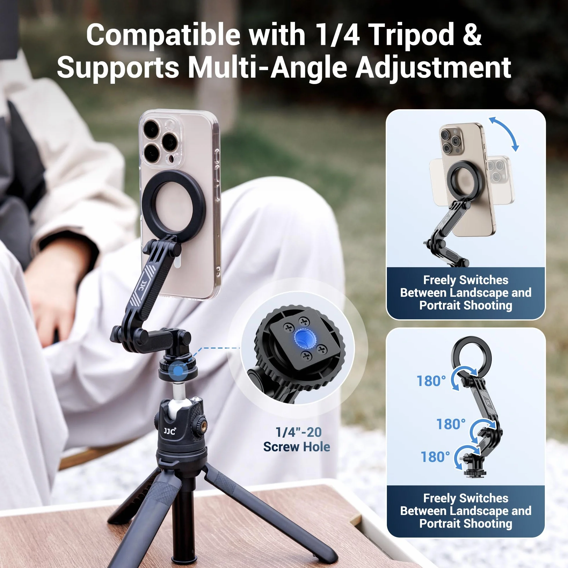 JJC Magnetyczny uchwyt na statyw do telefonu z zimną stopką, śrubą 1/10,2 cm, elastyczny regulowany adapter stojaka do iPhone 16, 15, 14, 13 i Gopro Hero 13, 12, 11, kamer DJI