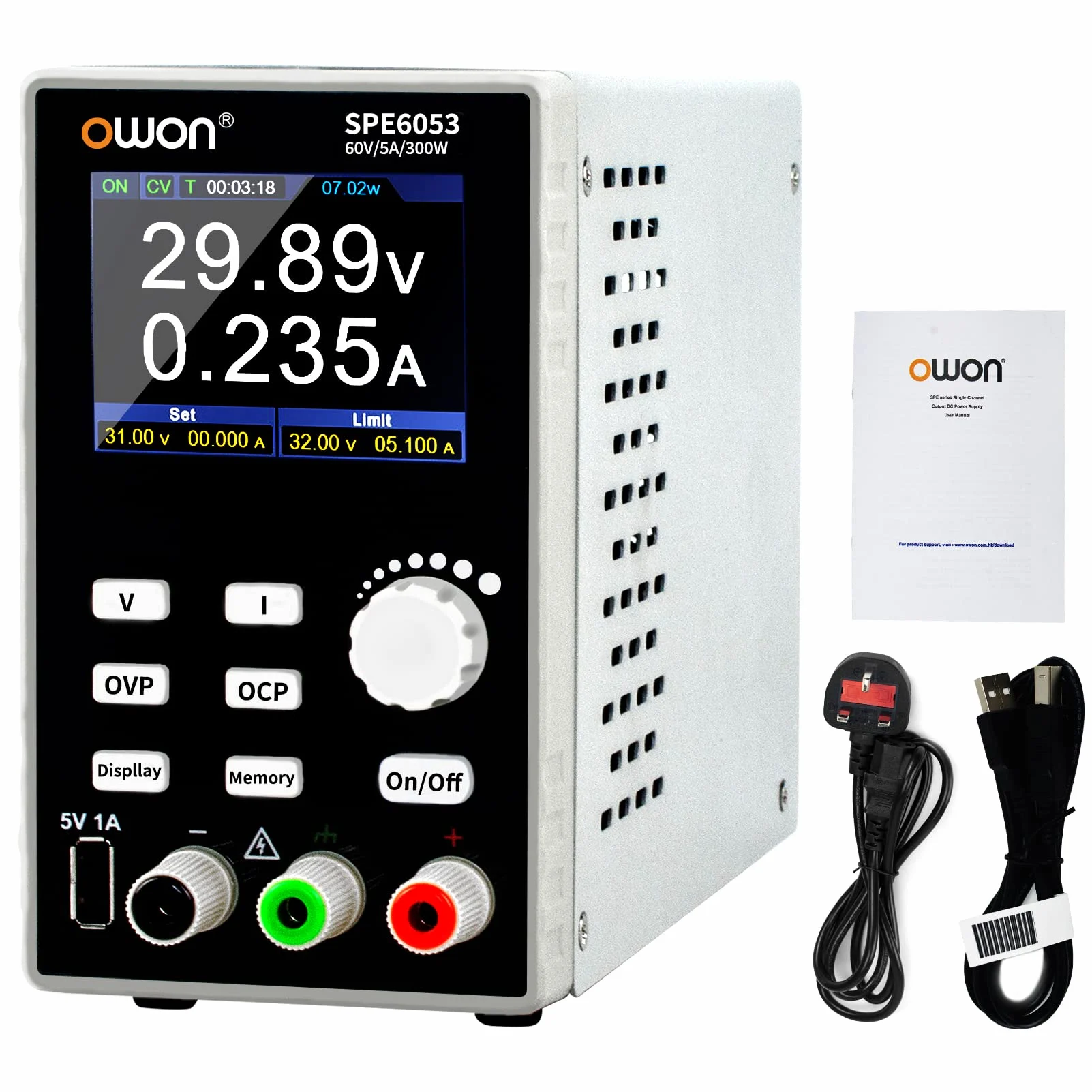 OWON 6053 Zasilacz DC, 300 W, 60 V/5 A, wysoka rozdzielczość przy 10 mV/1 mA, przenośny zasilacz stołowy z TFT LCD, jednokanałowy zasilacz przełączający do testowania, naprawy i badań elektronicznych