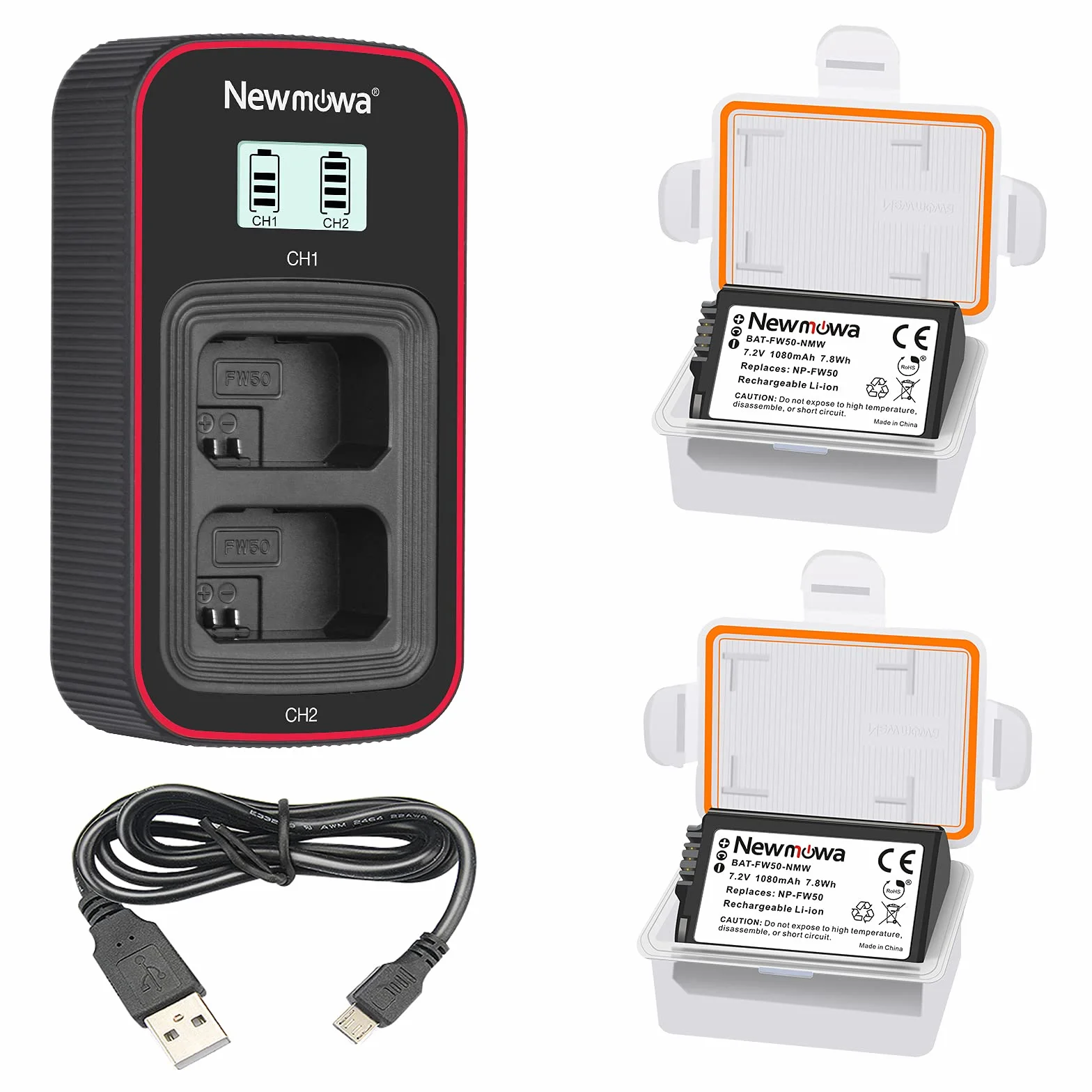 Newmowa NP-FW50 zapasowa bateria (2 sztuki) i inteligentna ładowarka USB z wyświetlaczem LCD do NP-FW50 i Sony ZV-E10, a6000, a6100, a6300, Alpha a3000, Alpha a5000, DSC-RX10, RX10 IV