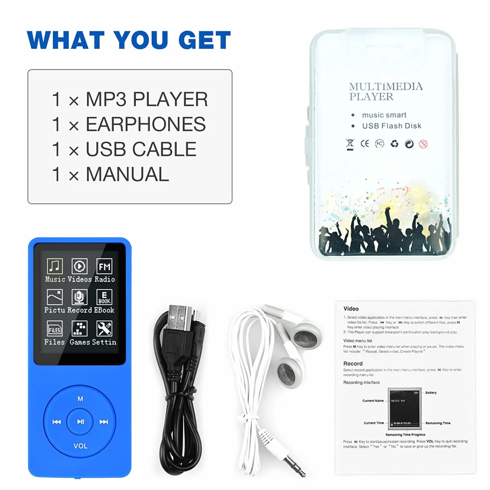 Lychee Cyfrowy odtwarzacz muzyki, odtwarzacz MP3/MP4, aktualizacja 8 GB przenośny odtwarzacz muzyki bez stratnego dźwięku z muzyką/wideo/nagrywaniem głosu/radiem FM/czytnik e-booków, obsługuje do 64 GB (niebieski)