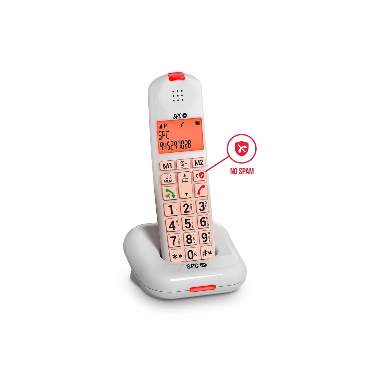 SPC Comfort Kairo - Bezprzewodowy telefon dla seniorów z dużymi przyciskami, wzmocnionym dźwiękiem, kompatybilny ze słuchawkami, blokada połączeń, sygnał świetlny i 2 bezpośrednie pamięci – Biały