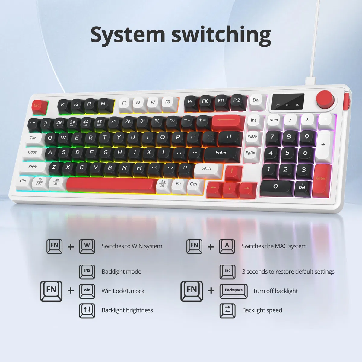 96% bezprzewodowa klawiatura do gier, cicha membrana, z mechanicznym dotykiem, klawiatura numeryczna, układ QWERTY Amerykański układ, Bluetooth/2.4G/USB RGB, kremowa, L98 czarna