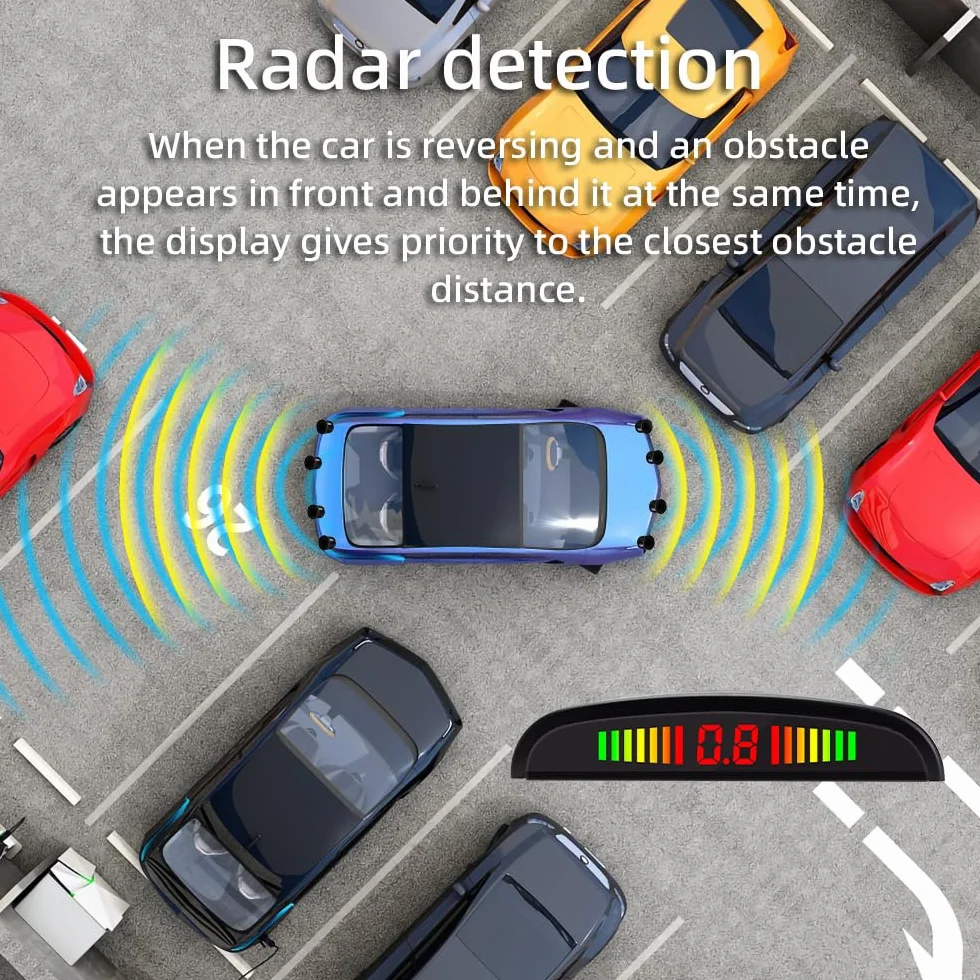 Radar cofania samochodu, pomoc parkowania z 8 tylnymi czujnikami parkowania z przodu z brzęczykiem (8 czujników, czarny)