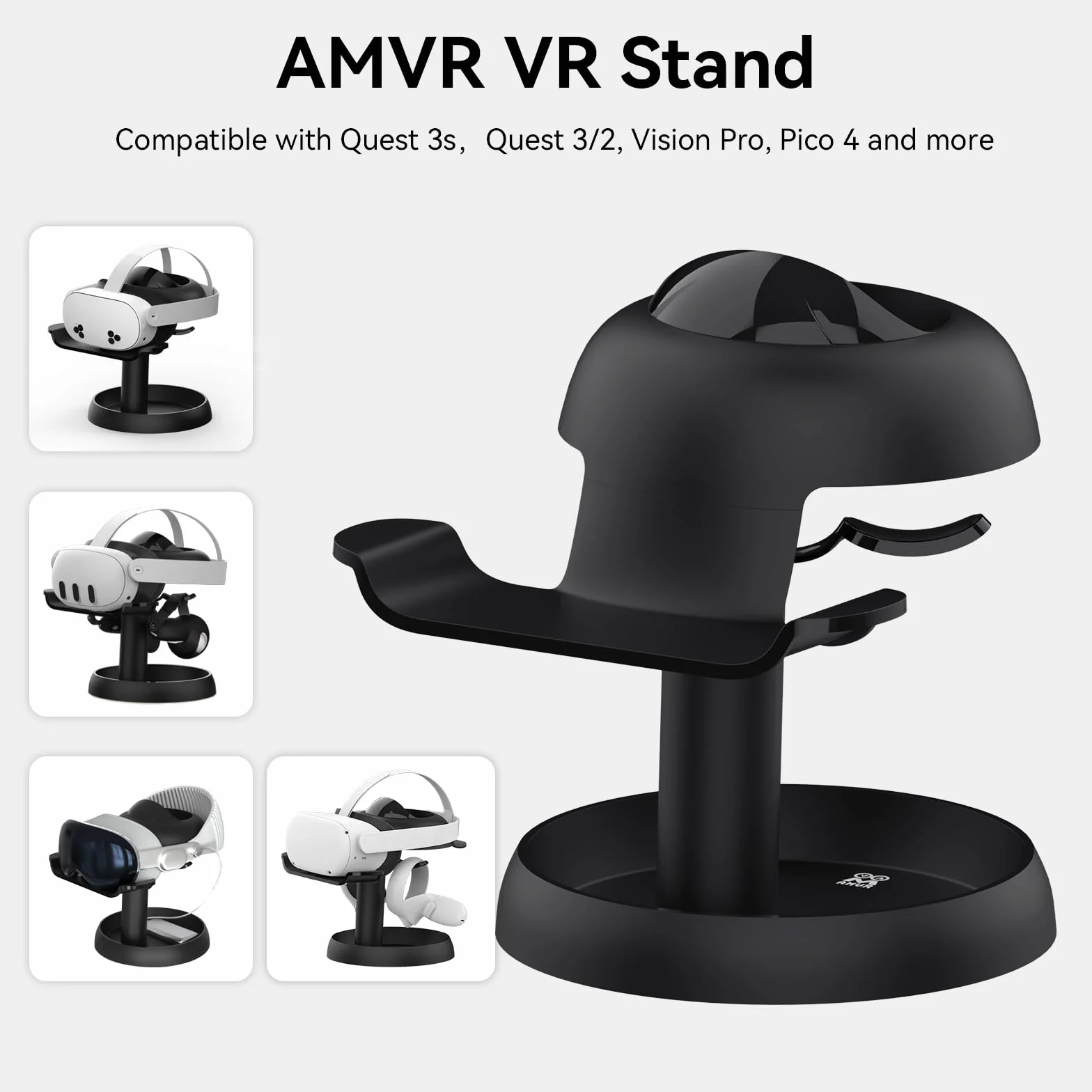 Stojak AMVR Kompatybilny z Meta Quest 3/2, Pico 4, Vision Pro, PSVR 2 - Uniwersalna Stacja Dokująca do Przechowywania Słuchawek VR, Stabilna Okrągła Podstawa