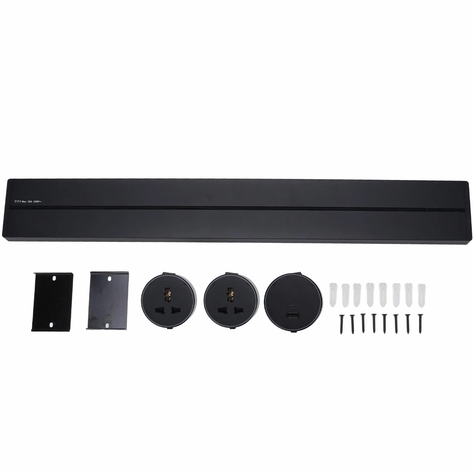 Listwa Zasilająca 32A z 3 Ruchomymi Gniazdami 600 Mm 8000 W Stop Aluminium do Salonu, Kuchni, Biura (2 gniazda uniwersalne 1 gniazdo USB i gniazdo)