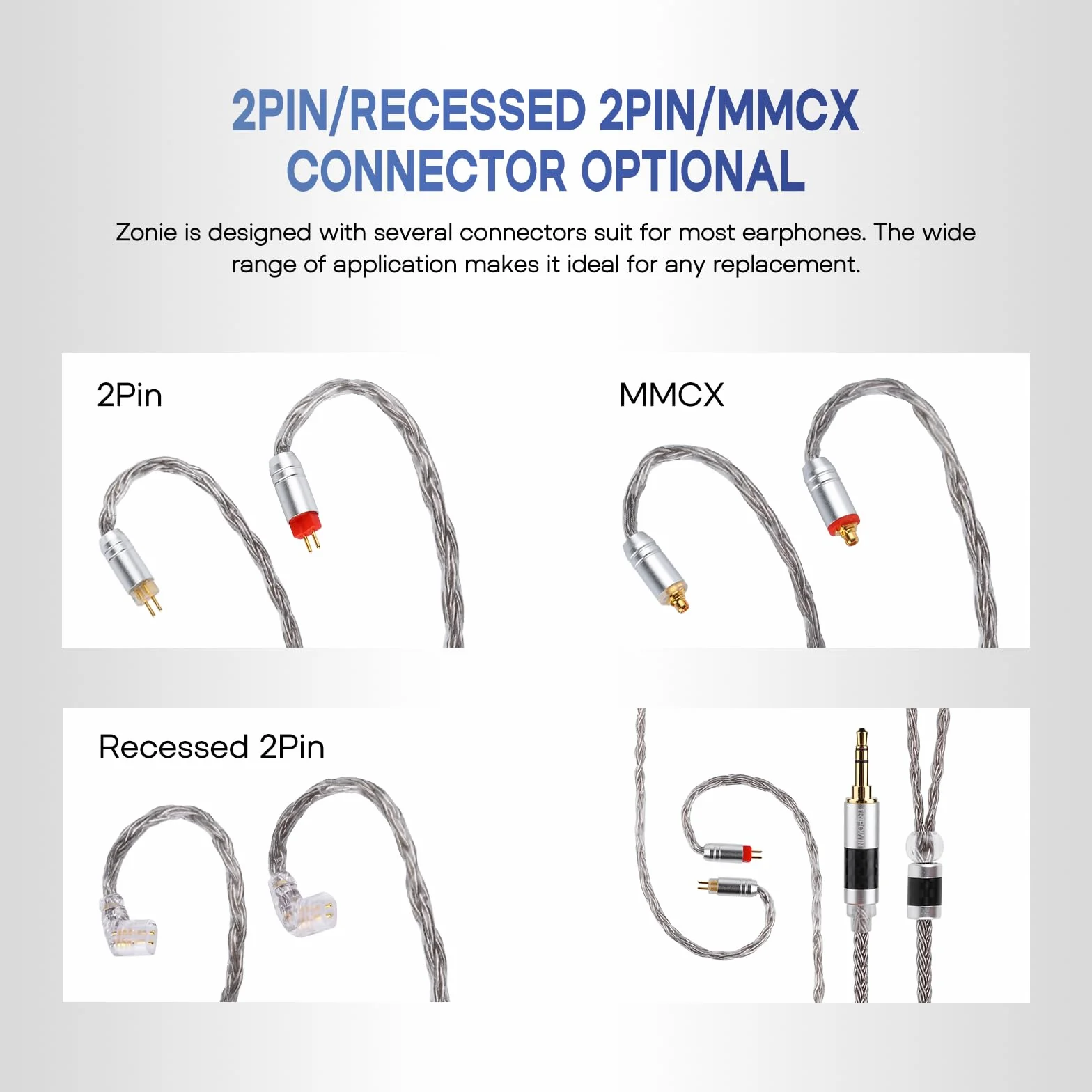 Linsoul Tripowin Zonie 16-rdzeniowy posrebrzany kabel do słuchawek (2-pinowy 0,78, 3,5 mm, szary)