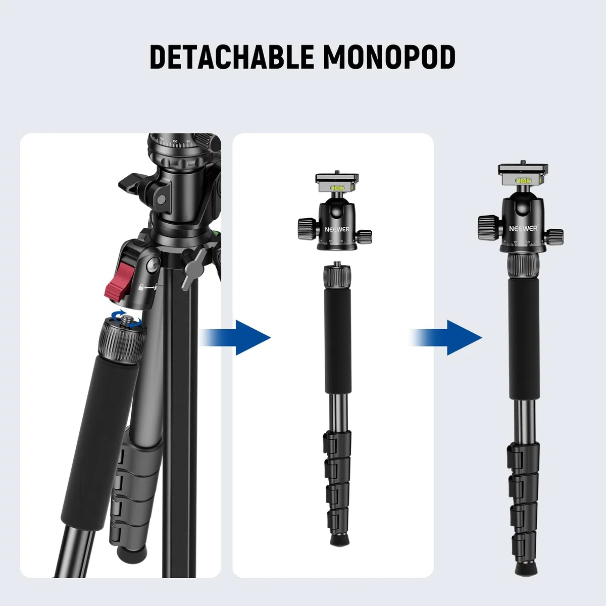 NEEWER BASICS 163.8 cm poziomy statyw monopod do podwójnego aparatu aluminiowy podróżny DSLR stojak na kamerę z uchwytem na telefon komórkowy kompatybilny z iPhone'em do nagrywania wideo, obciążenie