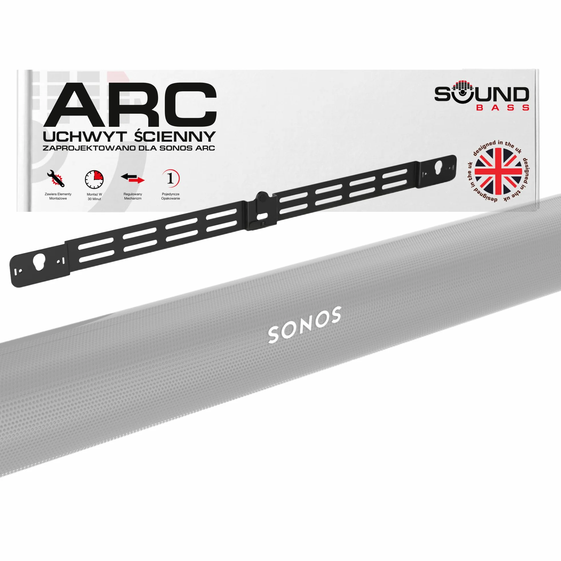 Soundbass Arc Uchwyt Ścienny, Czarny, Kompatybilny z Sonos Arc i Arc Ultra, Regulowana Głębokość, Wszystkie Akcesoria w Zestawie, Zaprojektowany w Wielkiej Brytanii