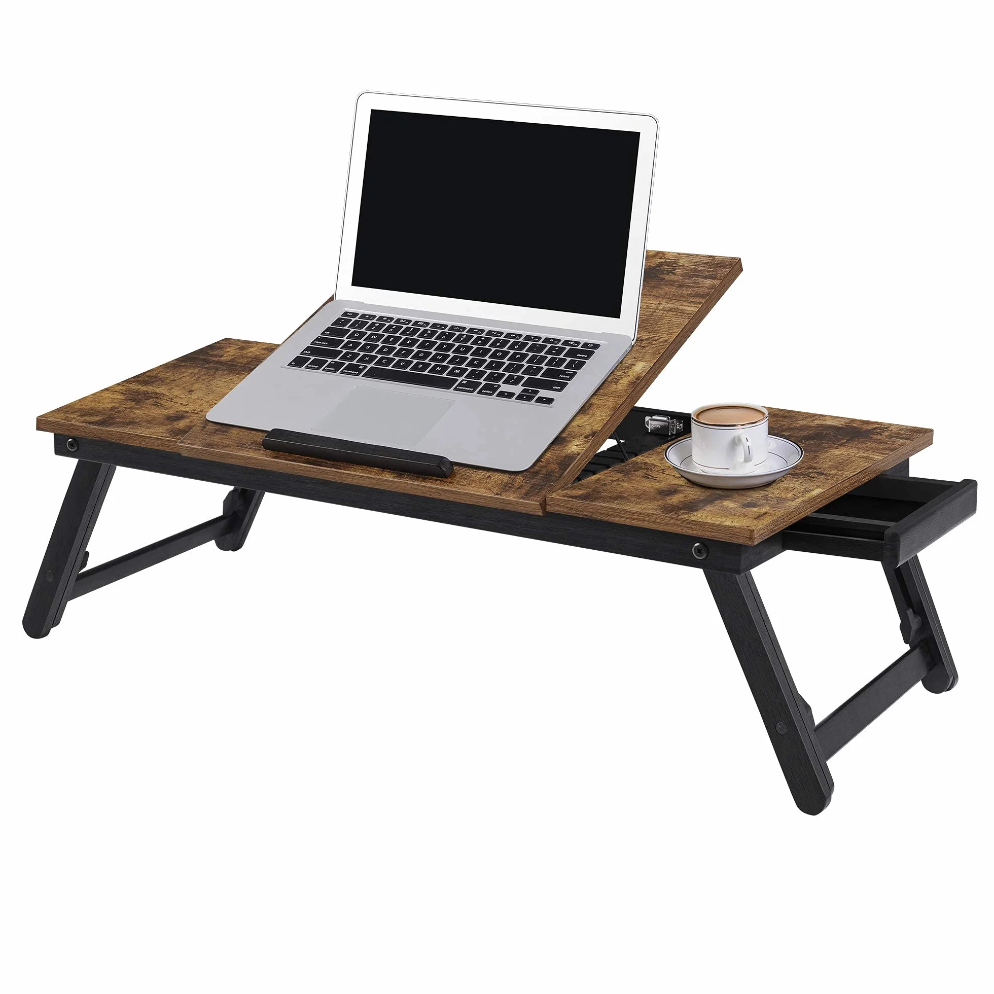 SONGMICS stolik pod laptopa, stojak na laptopa, stolik pod notebooka, taca śniadaniowa, składane nogi, z regulacją wysokości, na łóżko i sofę, do laptopów o przekątnej do 14,3", 71 x 35 x 23 cm, brązowy vintage LLD110B01