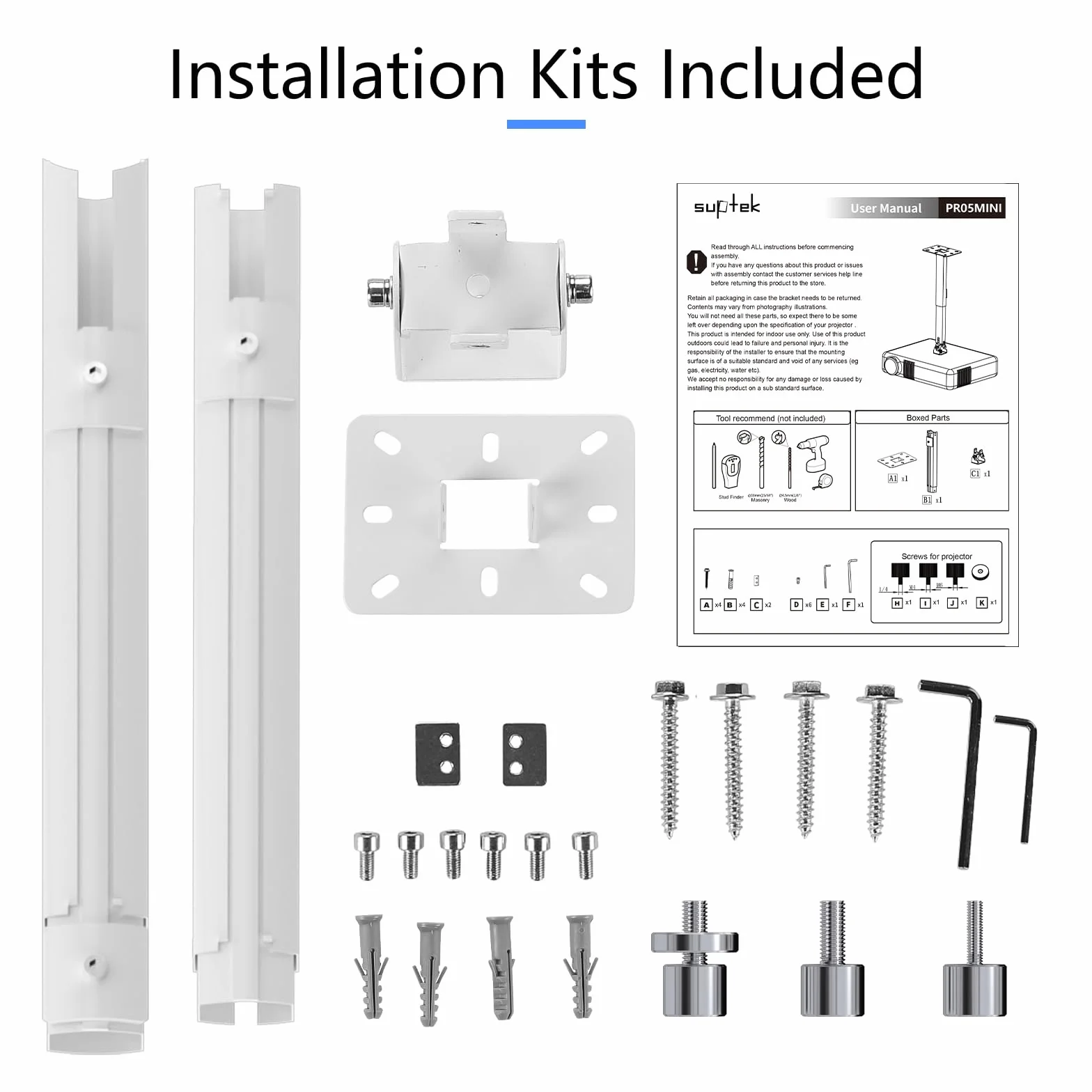 Suptek Przedłużony mini projektor 125 cm uchwyt sufitowy regulowany ścienny z adapterami gwintowanymi PR05LMINIW