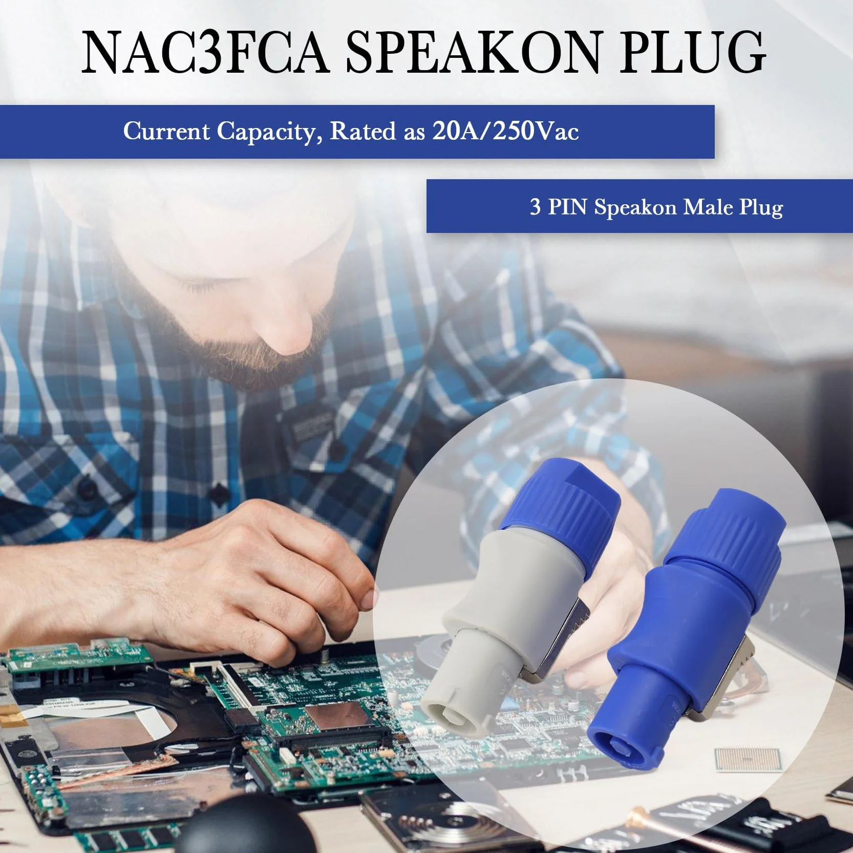 20 sztuk wtyczek Powercon, 3-biegunowe wtyczki Powercon NAC3FCB, wtyczka Speakon, 20 A, 250 V AC, niebieska i