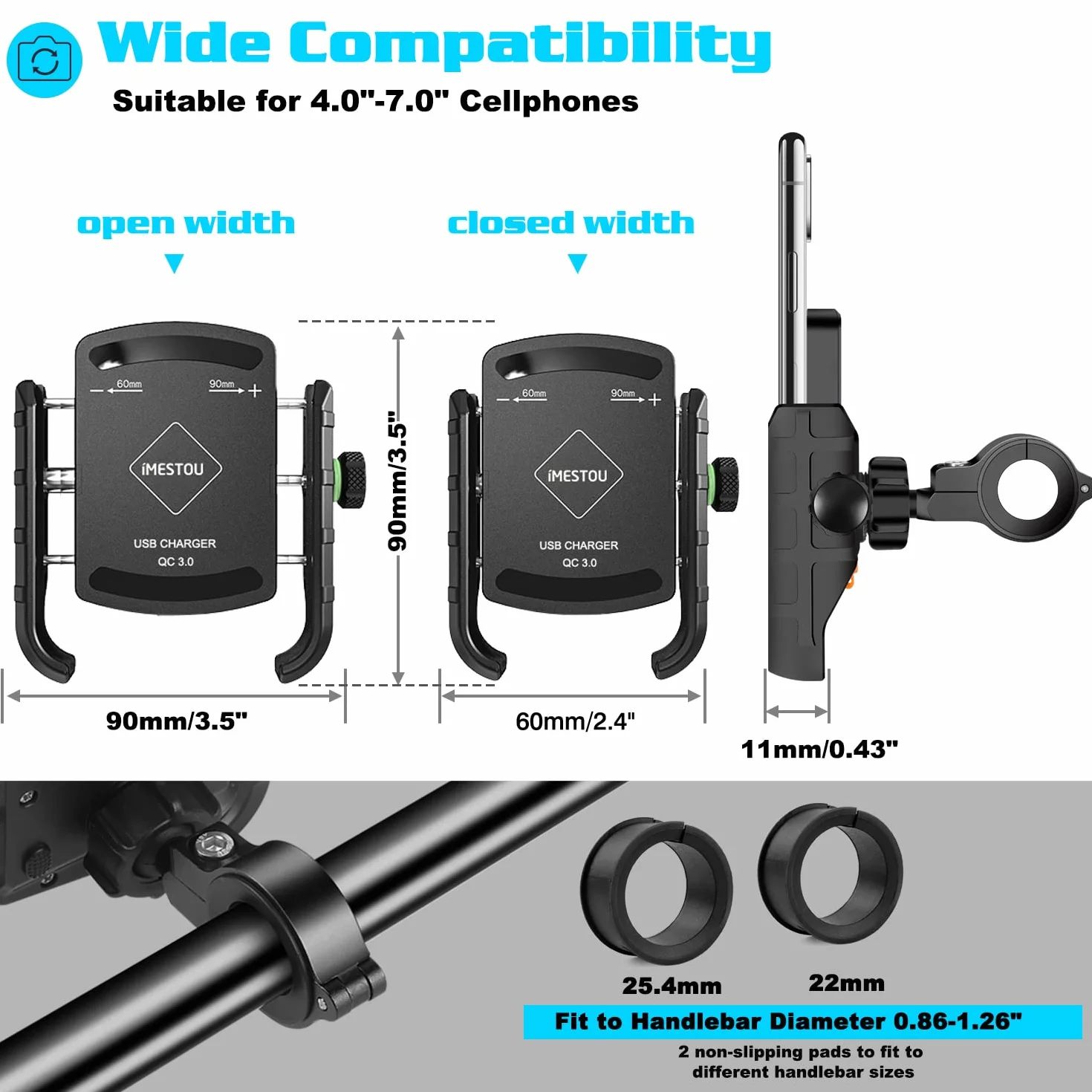 iMESTOU Uchwyt motocyklowy do telefonu Ładowarka z portem ładowania Quick Charge USB3.0, uchwyt na kierownicę/lusterko wsteczne Uchwyt mobilny obracany o 360° dla smartfonów 3,5"-6,8"