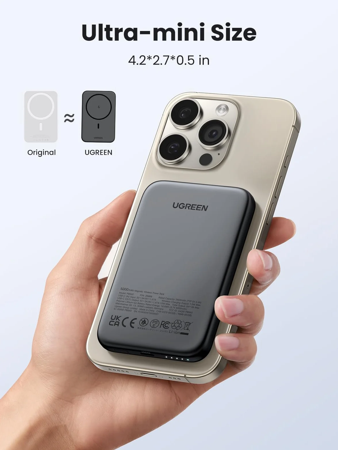 UGREEN Wireless Powerbank 5000mAh Magnetic Power Bank Small z funkcją szybkiego ładowania USB-C, bezprzewodowa bateria zewnętrzna MagSafe kompatybilna z iPhone 17 Pro Max/16 Pro/15/14/13/12（czarny）