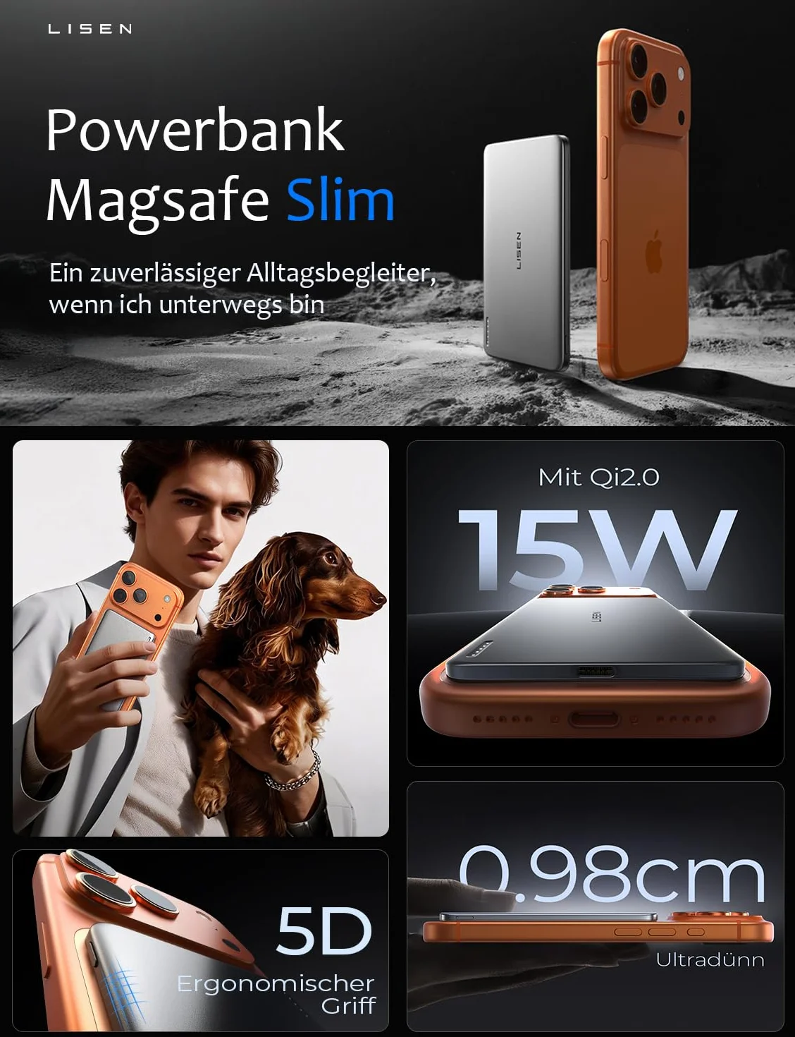 LISEN Power Bank Magsafe iPhone,Ultra Slim Battery Magsafe Magnetic PowerBank (szary tytanowy)