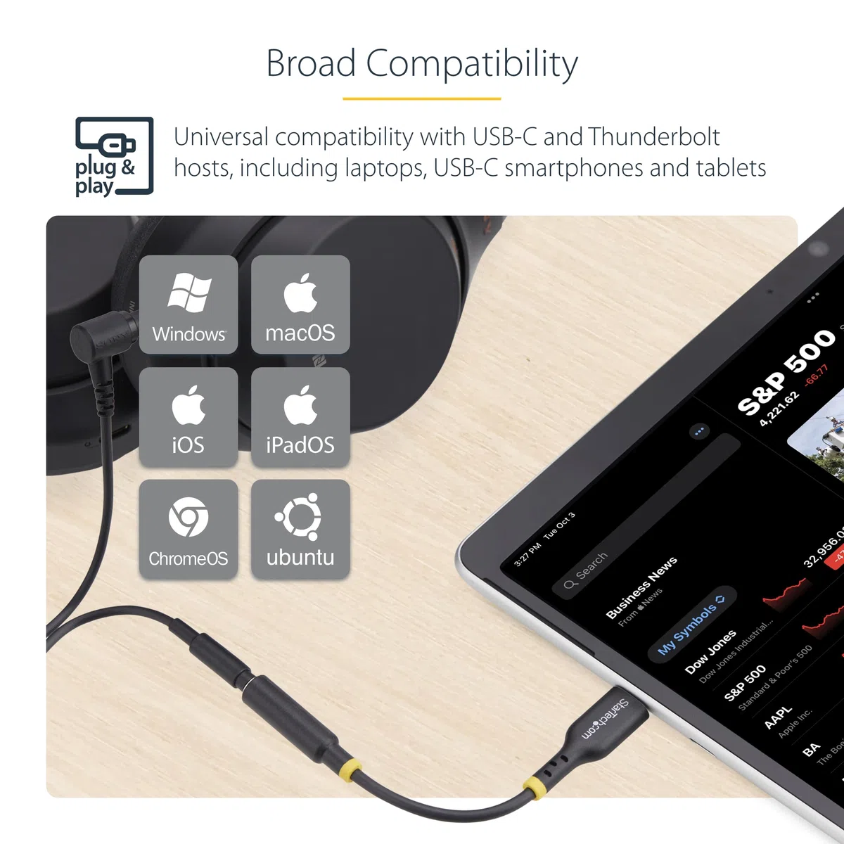 StarTech.com Adapter audio USB-C na 3,5 mm TRRS gniazdo słuchawkowe/słuchawkowe, USB typu C Aux Dongle, Hi-Fi 32-bitowy DAC, do PC/telefonu
