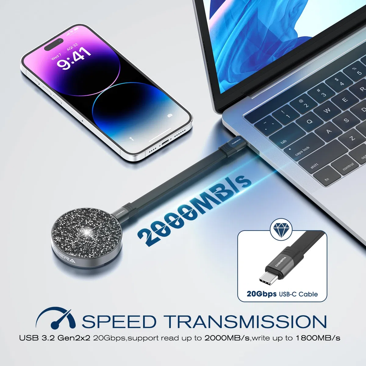 Magnetyczny przenośny dysk SSD, 1 TB, zewnętrzny dysk twardy z USB-C 3,2 Gen 2 x 2, prędkość do 2000 MB/S, kompatybilny z iPhone 15/16, PC/laptopem i innymi urządzeniami USB-C, kolor czarny diamentowy