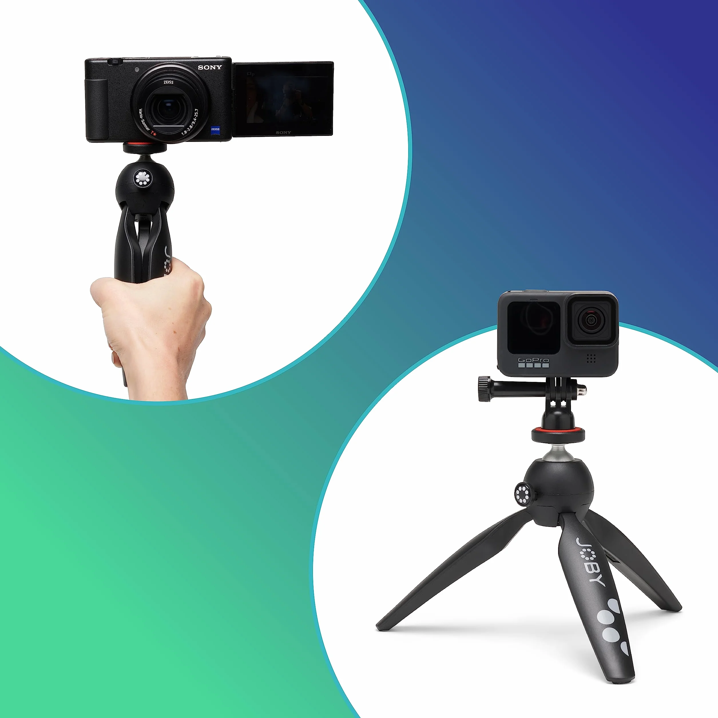 JOBY HandyPod 2 zestaw, statyw stołowy z uchwytem na telefon GripTight 360 i mocowaniem przegubowym, statyw do telefonów do smartfonów, kamery akcji i aparatów bezlusterkowych lub urządzeń do 1,0 kg,