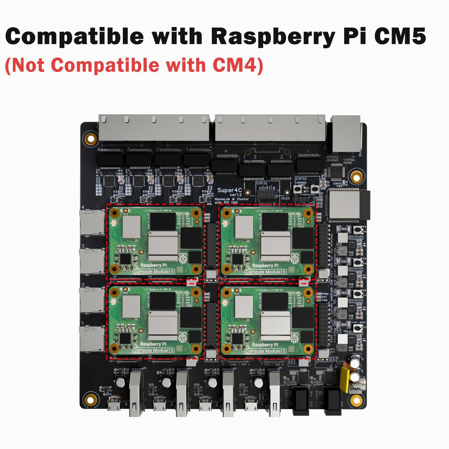 DeskPi Super4C do Raspberry Pi Compute Module 5, Cluster Mini-ITX Board obsługuje 4 CM5, sieć 2,5 GbE + 1 GbE, M.2 NVMe, montaż w stelażu 1U, w zestawie zasilacz sieciowy 89 W