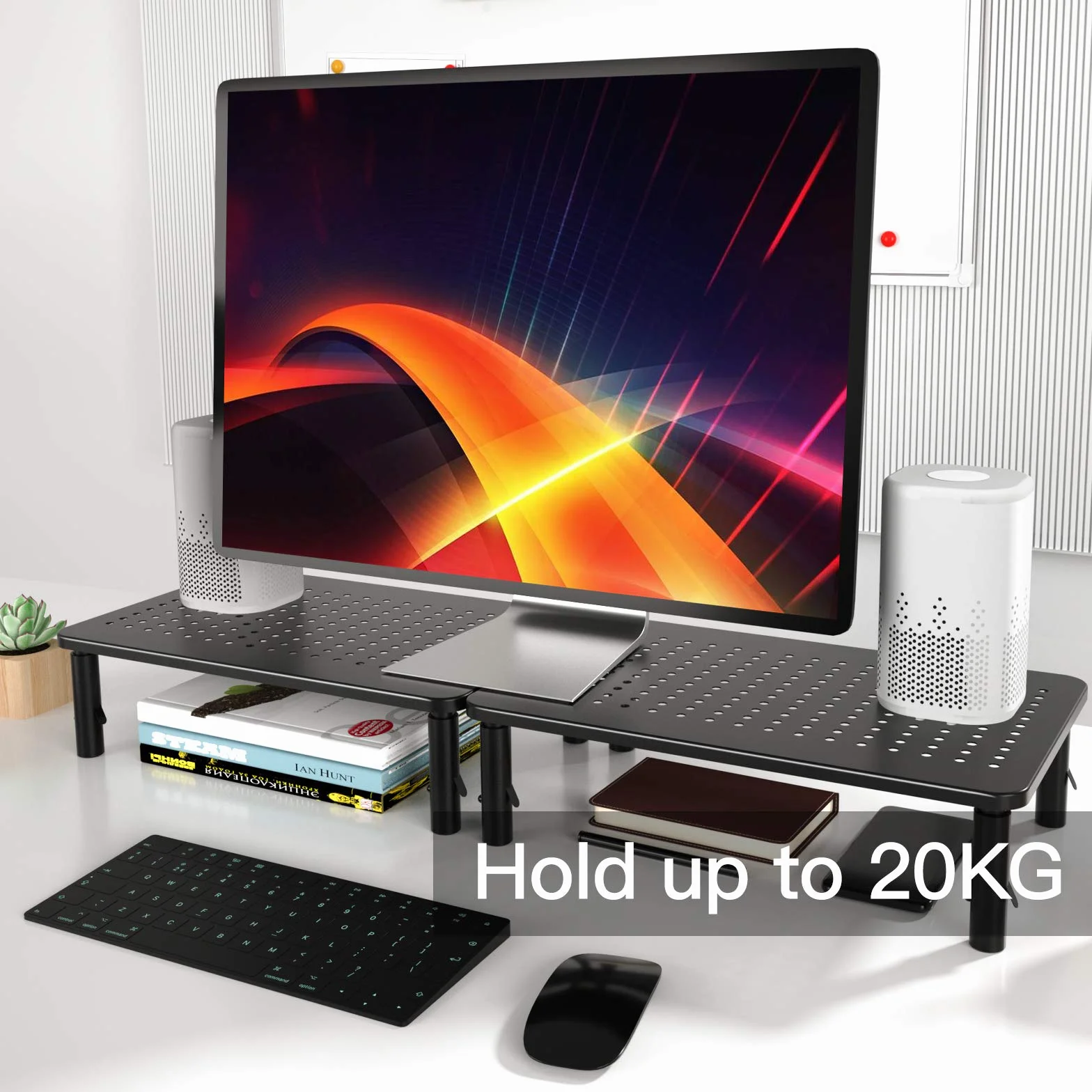 HUANUO Uchwyt na monitor – ergonomiczny i regulowany uchwyt na laptopa w 3 wysokościach z siatkową platformą do laptopa, komputera, iMaca, PC, drukarka do 20 kg