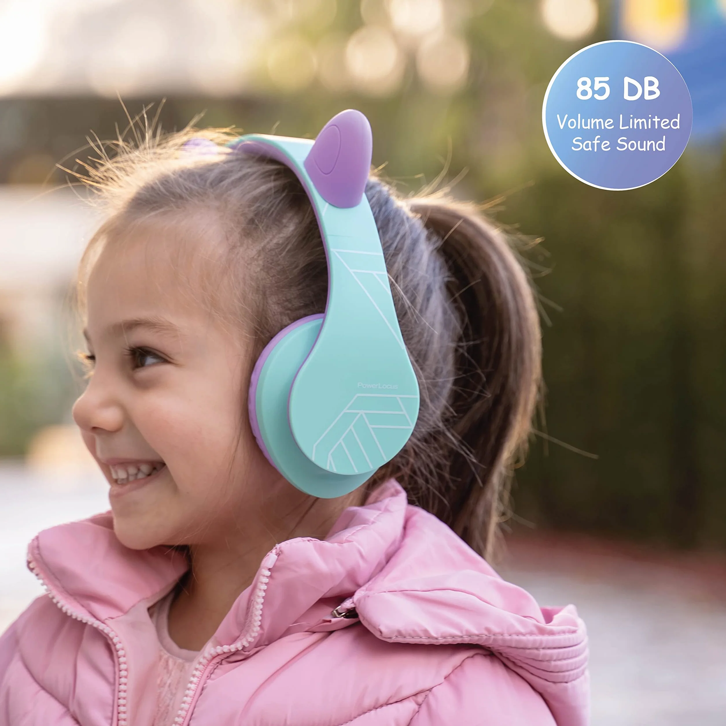 PowerLocus Dziecięce słuchawki douszne, Bluetooth z ograniczeniem głośności 85 dB, składane, z torbą do noszenia, bezprzewodowe słuchawki nauszne i kabel z mikrofonem, trybem micro SD do telefonu