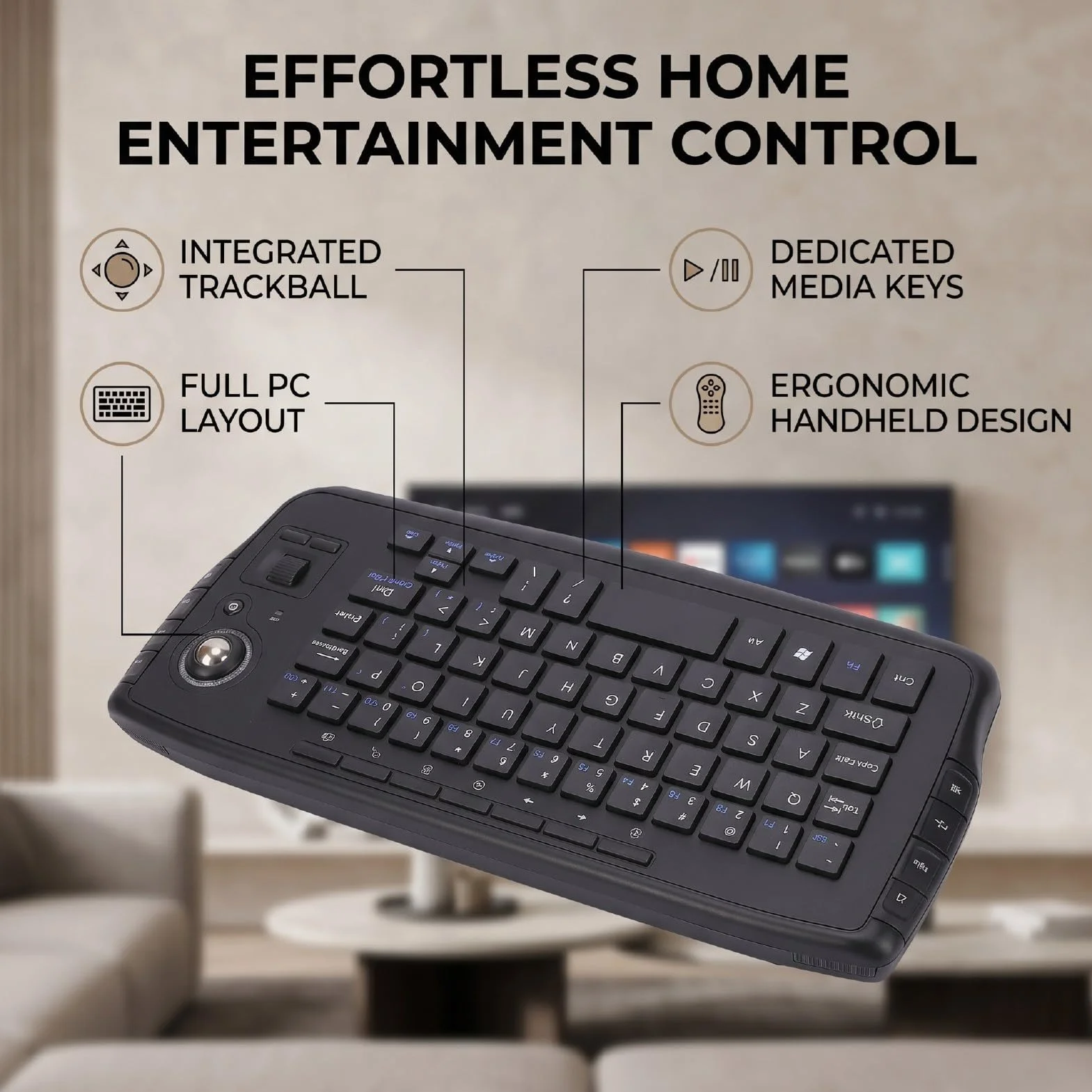 Bewinner Klawiatura z myszką Trackball, Zestaw Klawiatury i Myszy Bezprzewodowej Trackball 2,4 GHz, Mini Klawiatura z Kółkiem Przewijania Myszy do Komputera PC, Android TV Box,