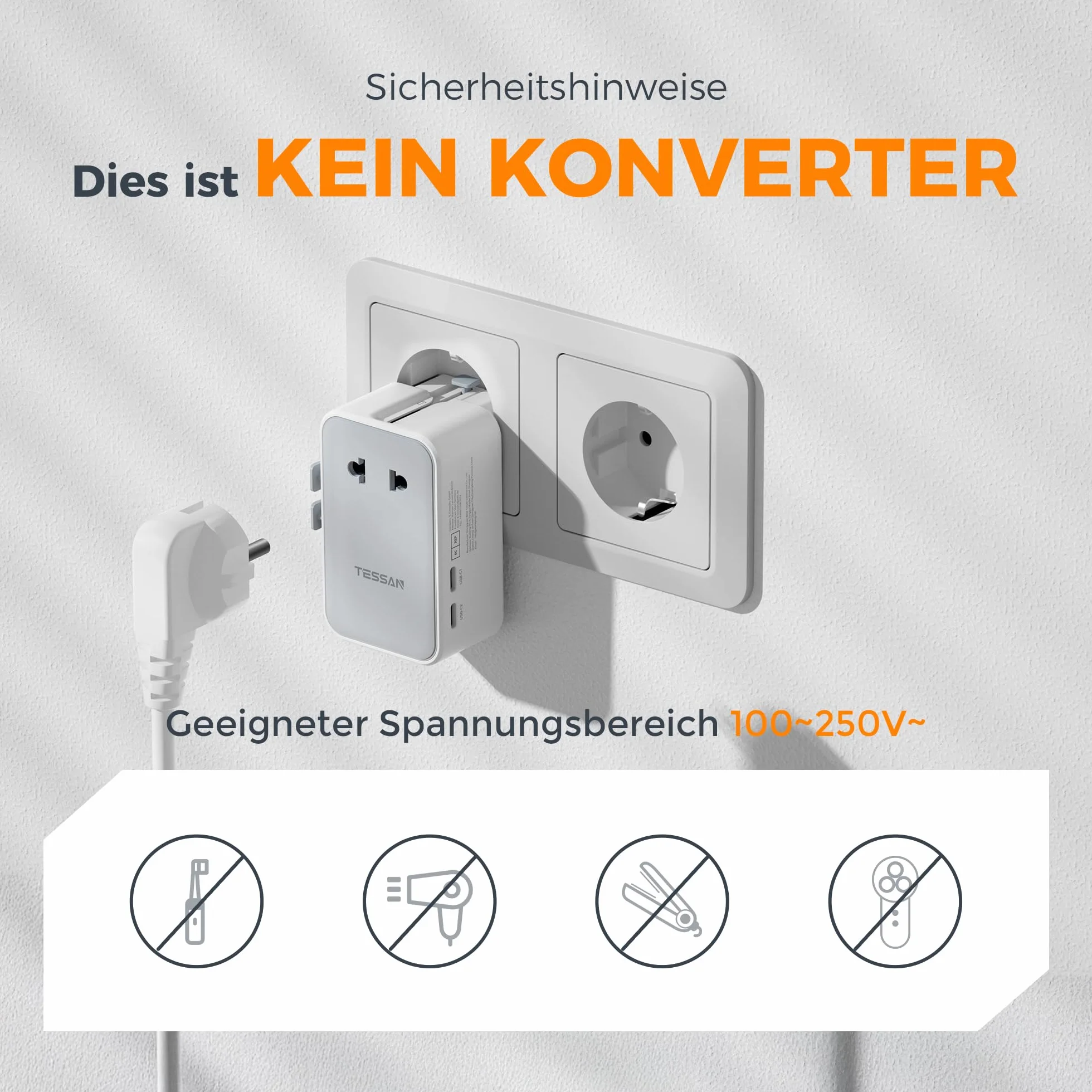TESSAN Adapter podróżny PD 25W z 2 USB C i 2 USB A, uniwersalny do USA, UK, Japonii, Tajlandii, Australii, Chin