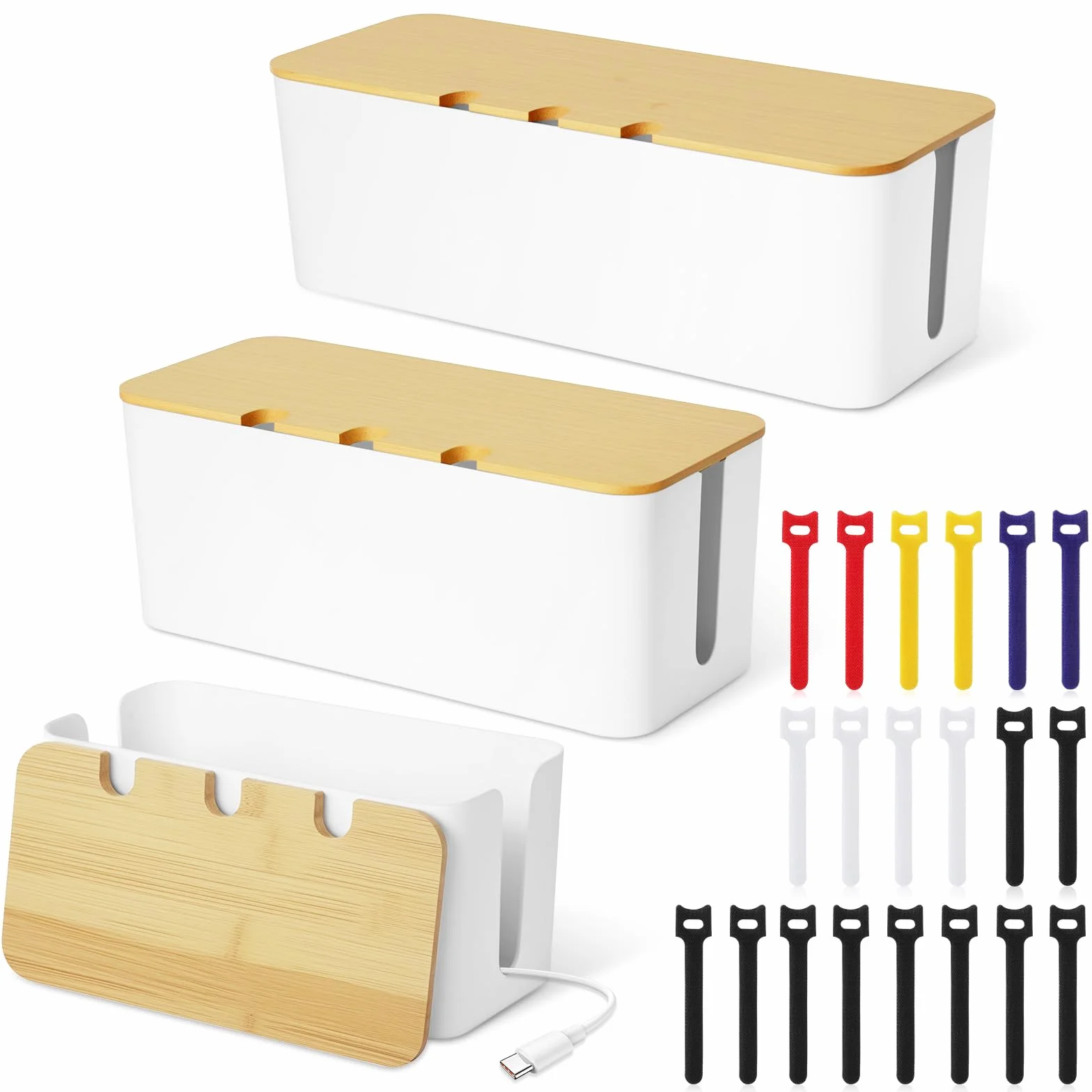 Skrzynka na Kable 3 Sztuki Pudełko z Drewnianą Pokrywką, Cable Organizer Box z Taśmami, Duży Średni Mały