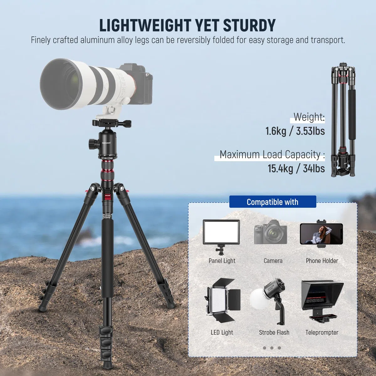 NEEWER Statyw monopodowy do kamery 77" z uchwytem na telefon kompatybilny z iPhonem, do nagrywania wideo, kompaktowy i lekki aluminiowy stojak podróżny z głowicą kulową, płytą QR, torbą, ładowanie 34