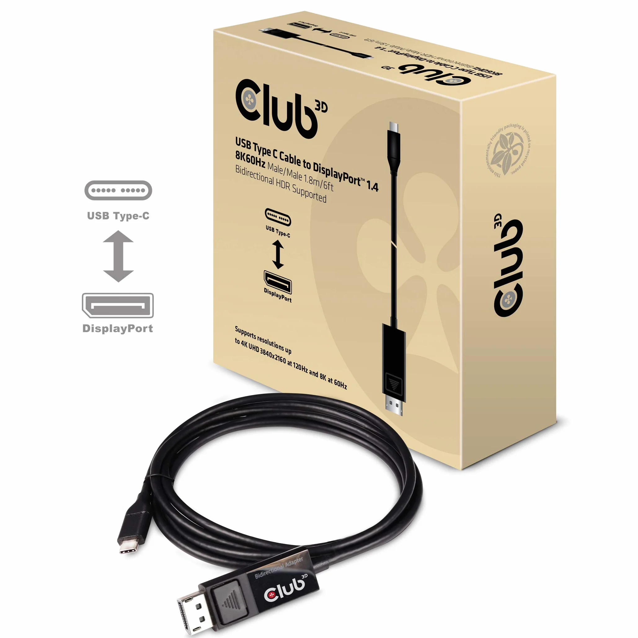 Club CAC-1557 kabel adaptera USB 3D, 1,8 m, typ C, do wyświetlacza 8K, 60 Hz, HDR, czarny