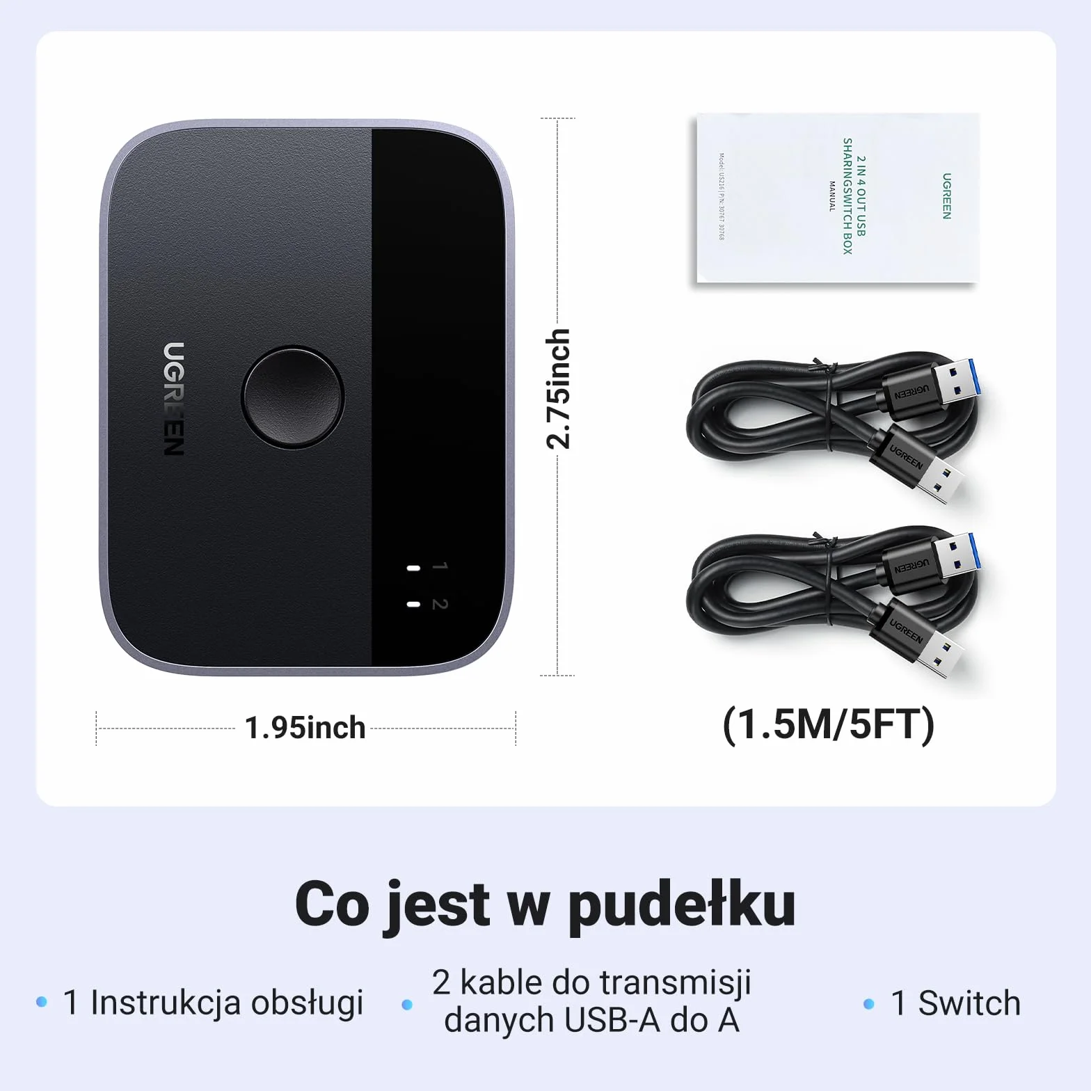 UGREEN Przełącznik USB, przełącznik USB 3.0, 2 w 2 wyjścia, 2 komputery współdzielą 2 USB do klawiatury, myszy, drukarki, dysków twardych z 2 kablami USB 3.0 A do A, kompatybilny z Windows, Mac, Linux