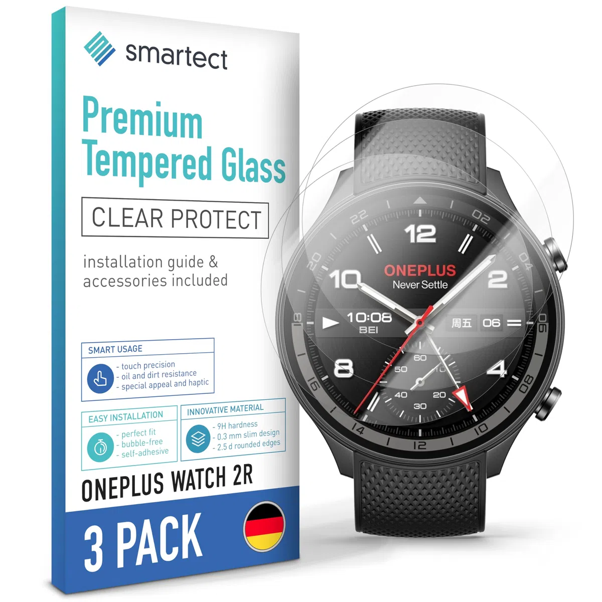 smartect Szkło Hartowane [3 Sztuki, Clear] dla OnePlus Watch 2R, Szklana Ochrona Ekranu 9H, Ochraniacz Ekranu bez Pęcherzyków, Bez Odcisków palców