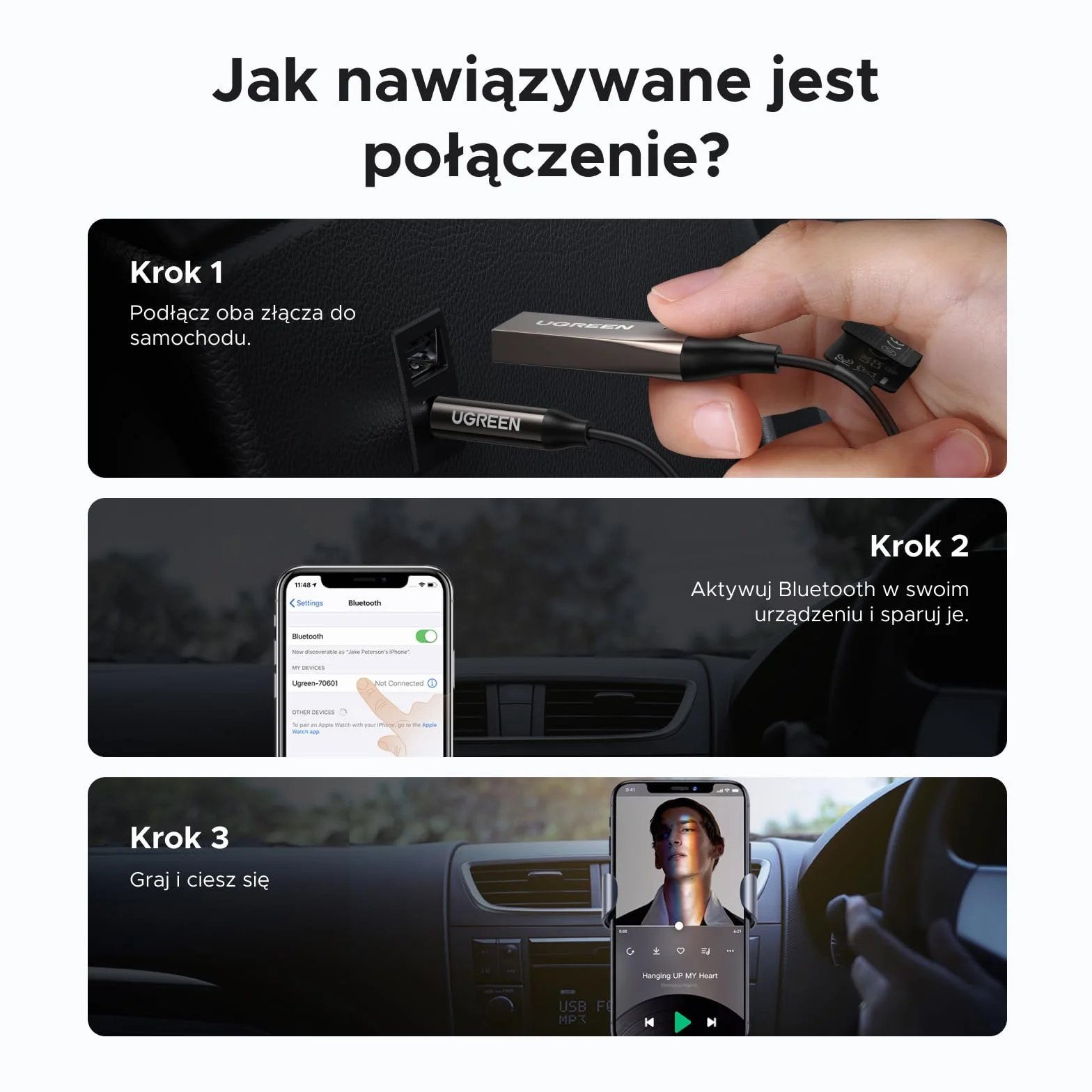 UGREEN Aux Bluetooth 6.0 LDAC Adapter Bluetooth Odbiornik do połączeń głosowych i bezprzewodowego odtwarzania muzyki w samochodzie, głośnikach i wzmacniaczach z gniazdem 3,5 mm