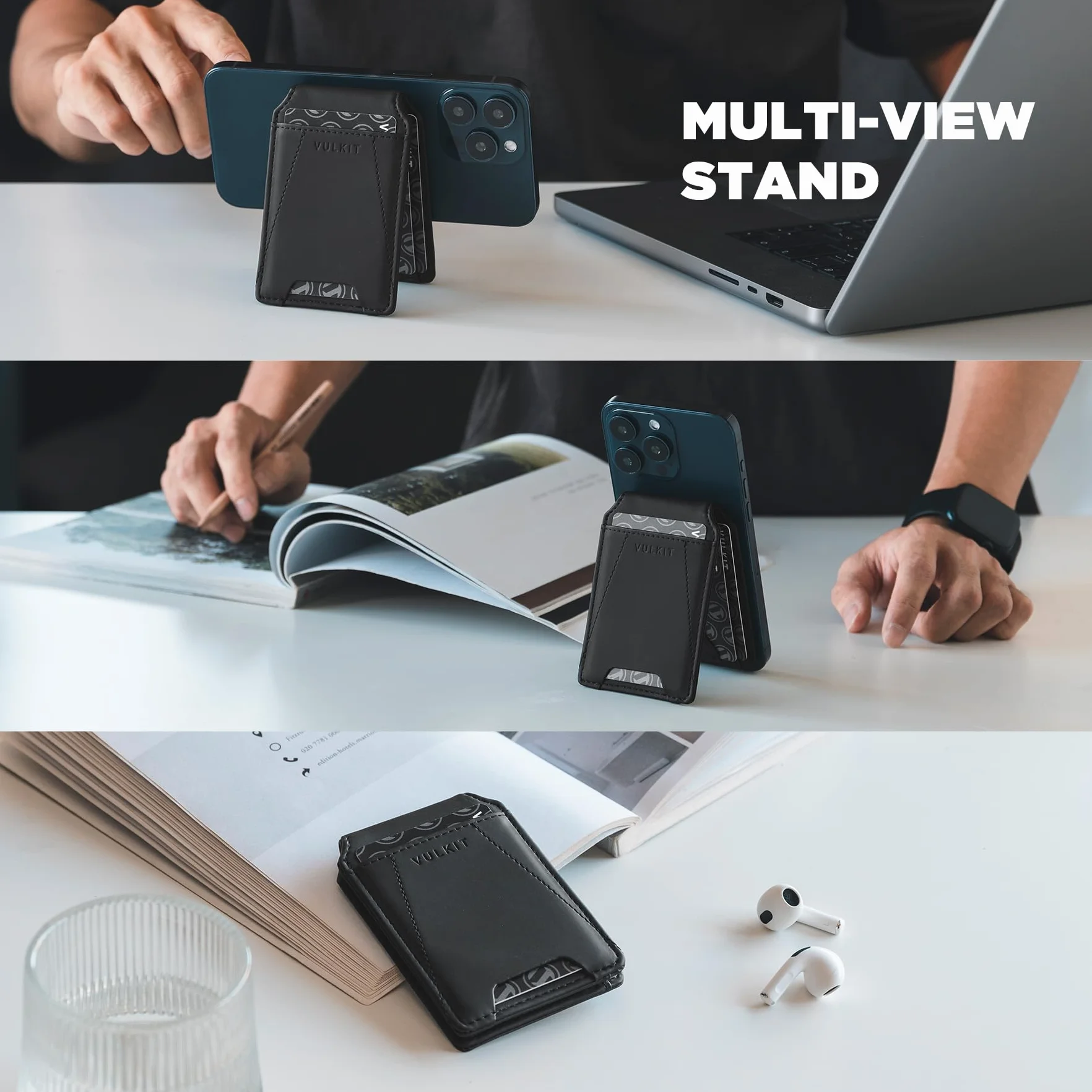 VULKIT Portfel magnetyczny kompatybilny z MagSafe, portfel na telefon z regulowaną podstawką, do iPhone'a 15/14/13/12, 4 skórzane przegródki na karty, z dodatkowym samoprzylepnym pierścieniem