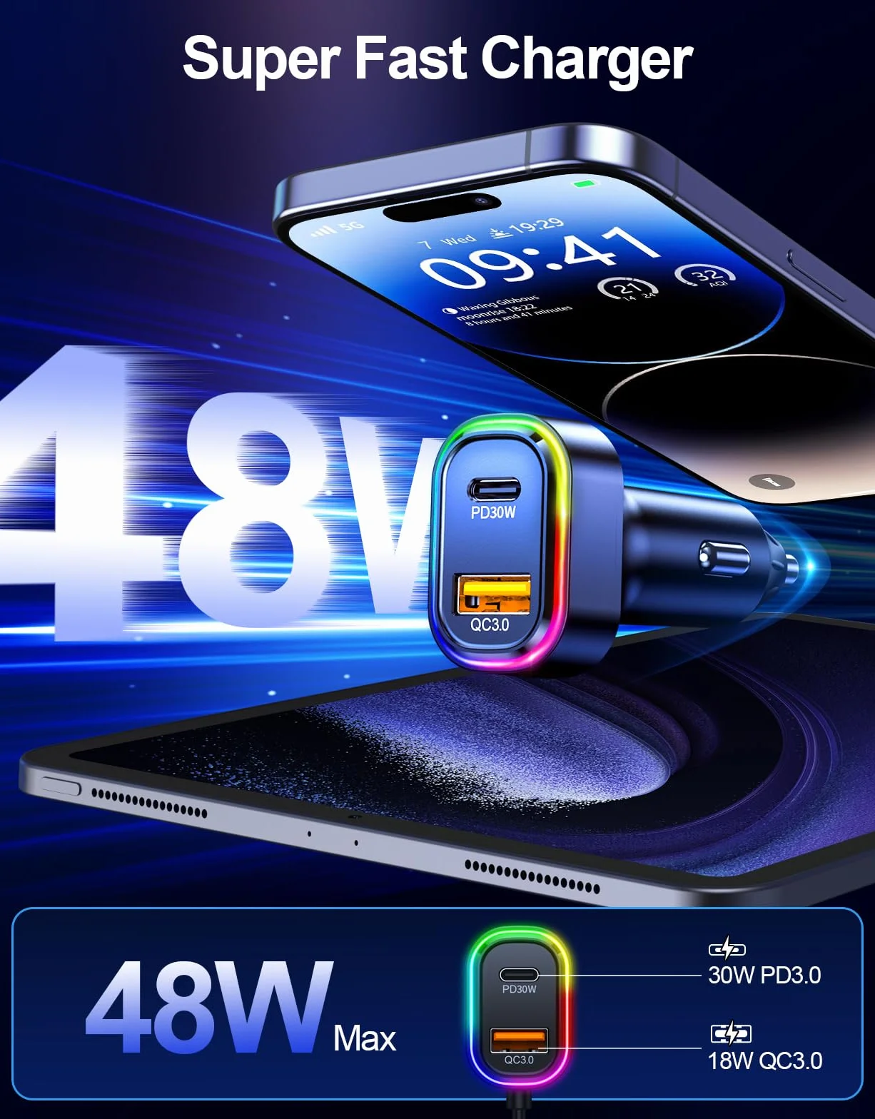 ISEYou Bluetooth Adapter do Samochodu FM 5.3 48W Podwójne USB Dźwięk HiFi Tryb Basowy Bezprzewodowe Połączenia RGB