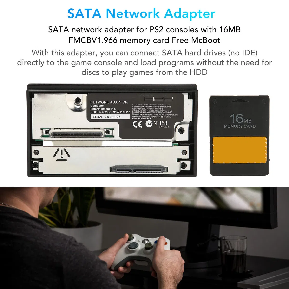 Adapter Sieciowy Interfejsu SATA, do Konsoli do Gier, z 16 MB Karty Pamięci FMCB V1.966 McBoot, Adapter Dysku Twardego HDD, Plug And Play, Ochrona Przed Zakłóceniami