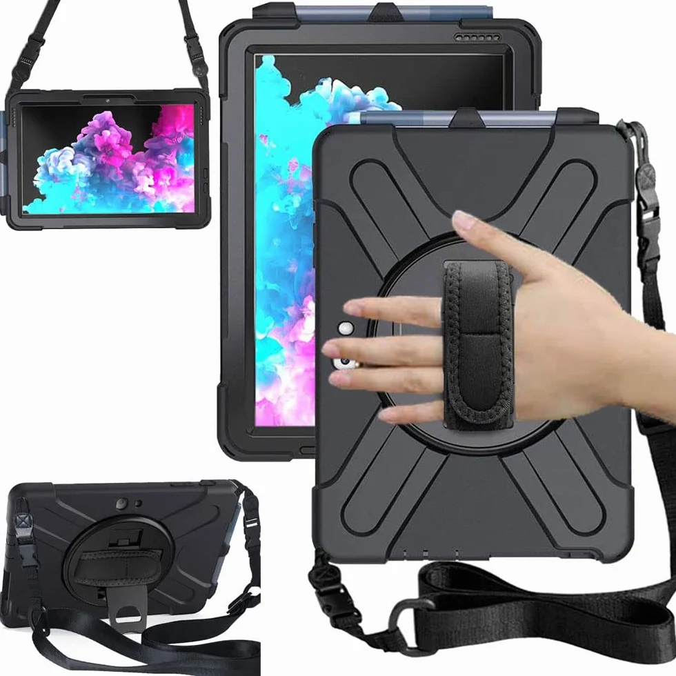 TECHGEAR X-Case pasuje do Microsoft Surface Go 4 / Surface Go 3/2 / 1 26.7 cm, wytrzymałe, wytrzymałe etui odporne na wstrząsy, stojak obrotowy 360, pasek na rękę i pasek na ramię - czarne