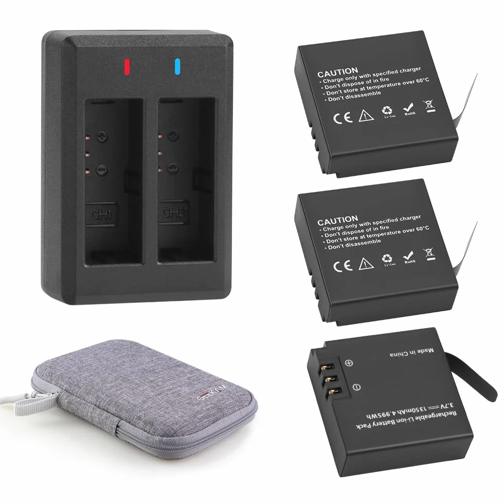 Akumulator 1350mAh (3-pak) z ładowarką do AKASO Brave 7LE, WOLFANG GA400/GA420/GA460, Rollei 6s Plus/8s Plus/9s Plus/10s Plus/11s Plus, XTU S3/S6, Surfola SF630