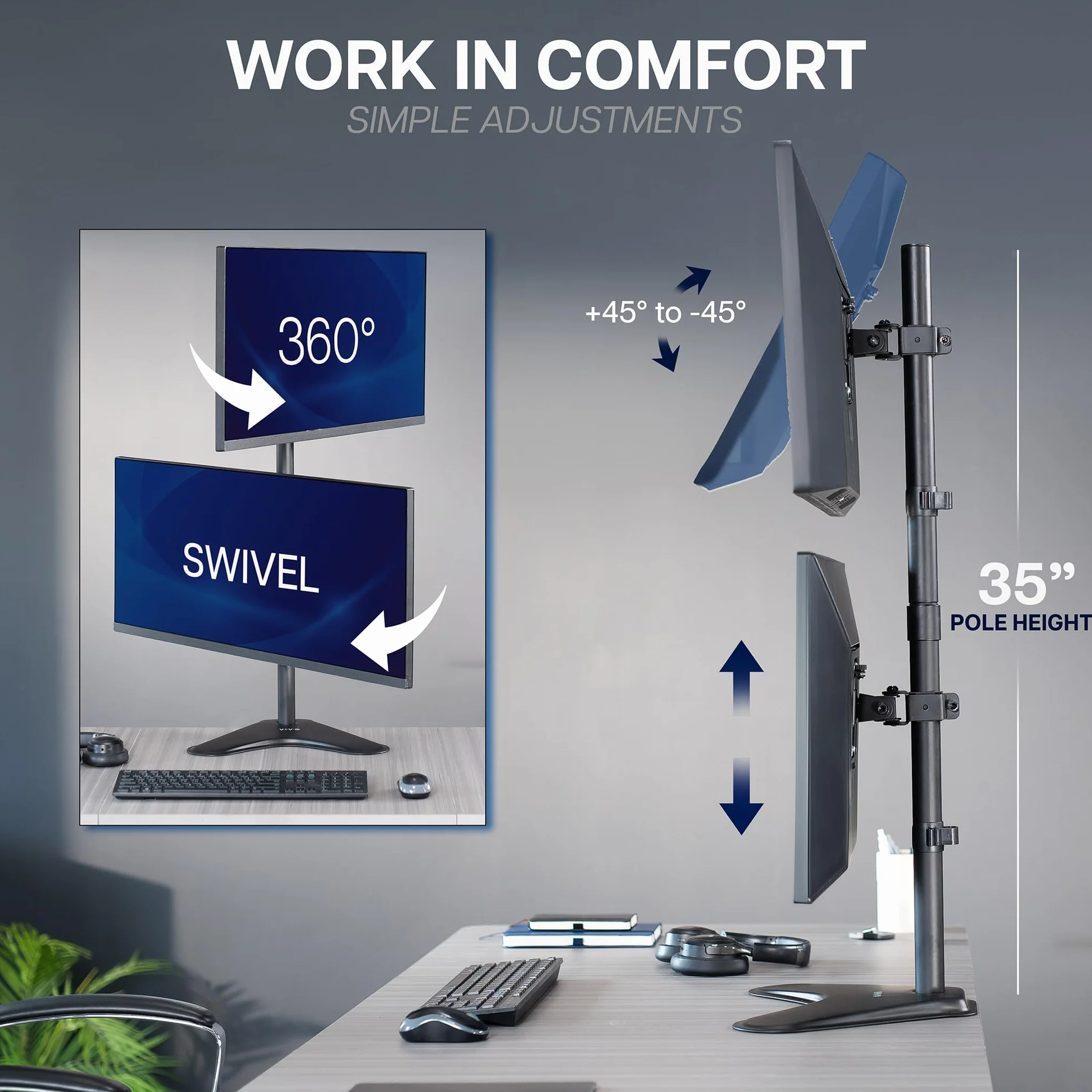 VIVO Stojak na biurko z podwójnym monitorem, wolnostojący uchwyt LCD, mieści się w pozycji pionowej, 2 ultrawide ekrany do 86.4 cm, czarny, STAND-V002L