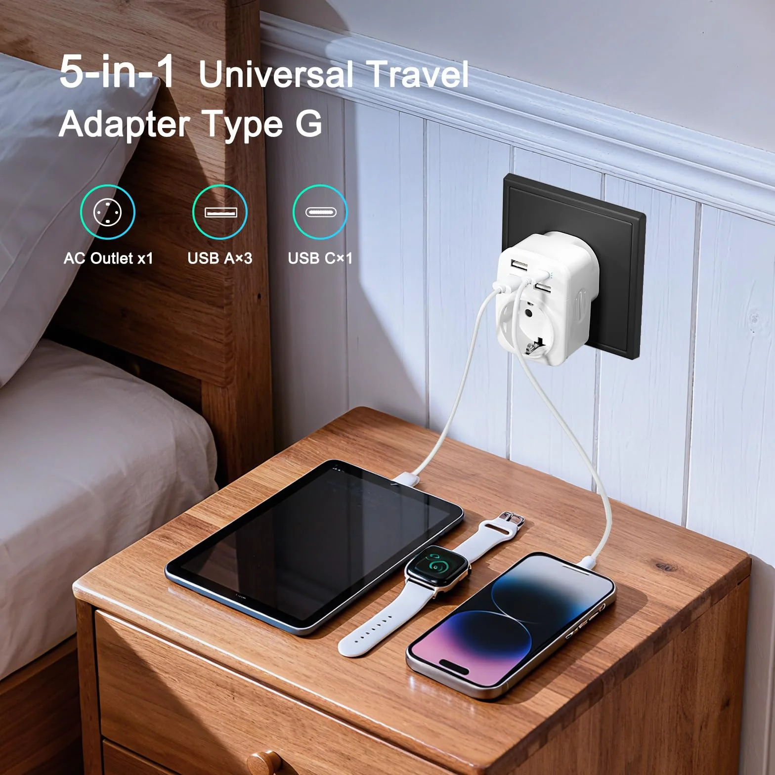 Hoppac Adapter do gniazda w języku angielskim 5 w 1, adapter typu G z 3 USB A i 1 USB C, brytyjski adapter do Irlandii, Hongkongu, Singapuru, Malty, Cypru, Zjednoczonych Emiratów Arabskich, Kataru