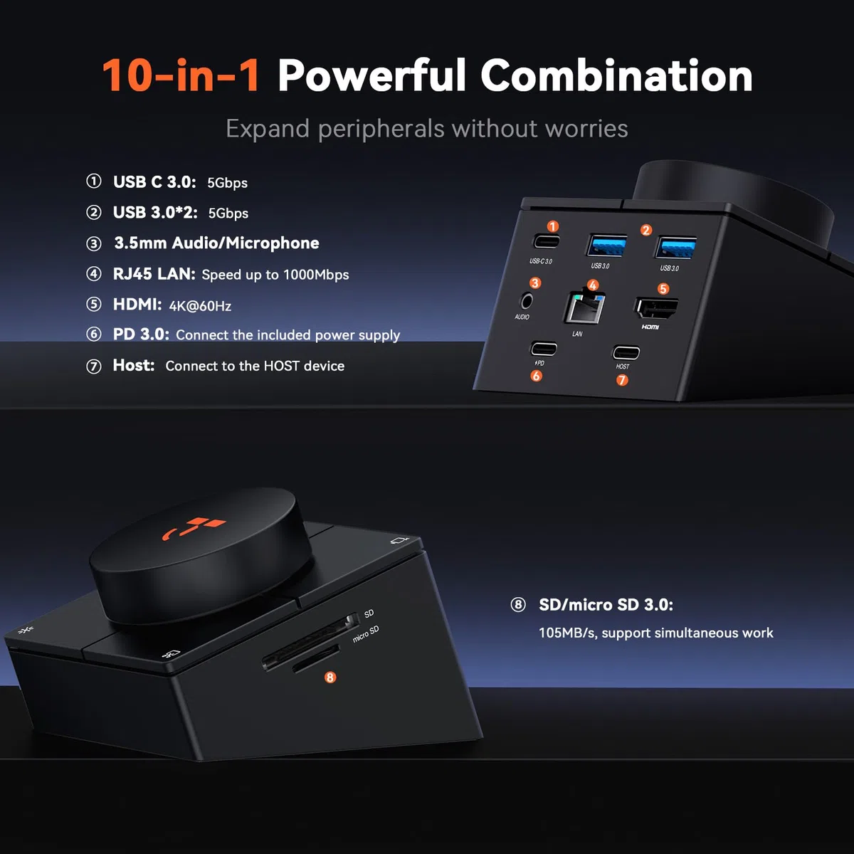TobenONE Hub USB C 10 w 1 z klawiszami skrótów, pokrętłem głośności, HDMI 4K | 100 W PD, 3 USB, Ethernet, Audio, SD/microSD, stacja dokująca do laptopa MacBook, Windows, Chrome, iPad